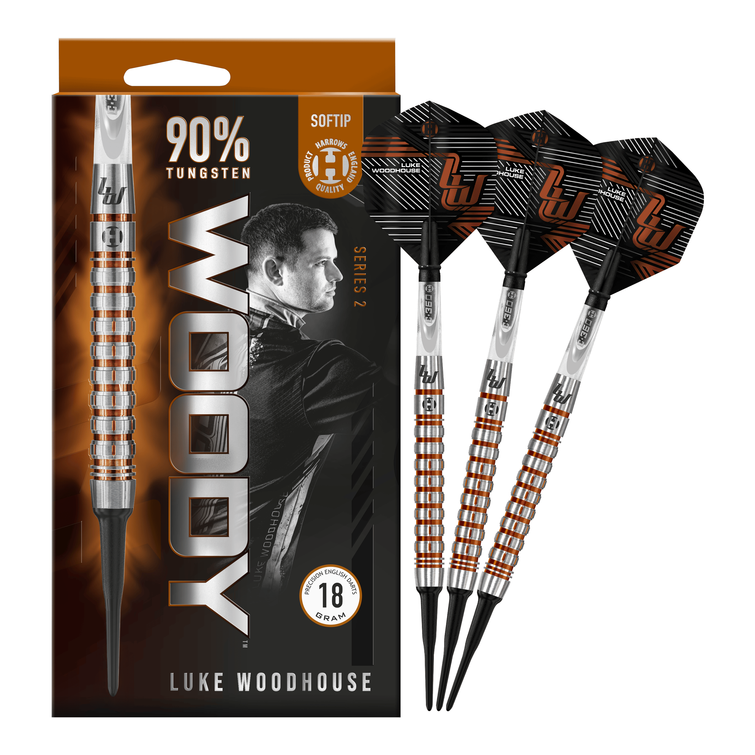 Harrow's Luke Woodhouse Series 2 měkké šipky - 18g Das Bild zeigt die Harrows Luke Woodhouse Series 2 Softdarts mit einem Gewicht von 18 Gramm. Die Verpackung hebt hervor, dass die Darts zu 90 % aus Tungsten bestehen und für Softtip-Spiele geeignet sind.