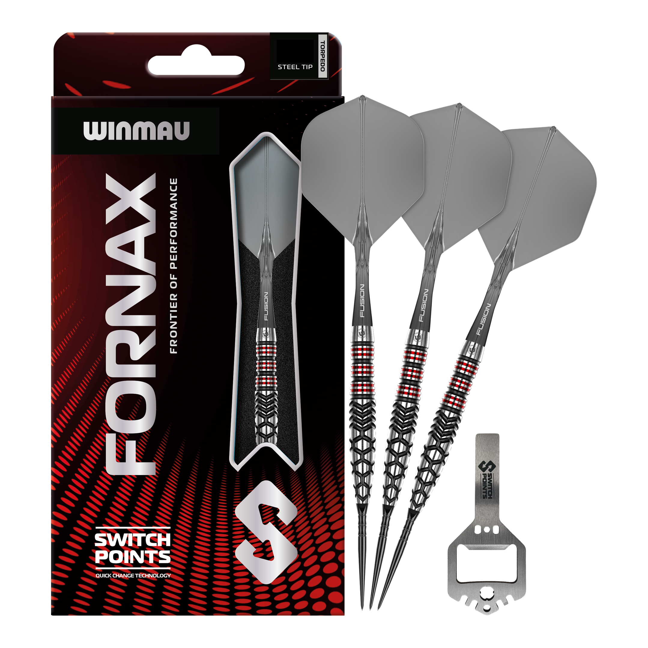 Hier sieht man die Winmau Fornax Torpedo Switch Points Steeldarts. Diese Darts sind für ambitionierte Spieler geeignet.