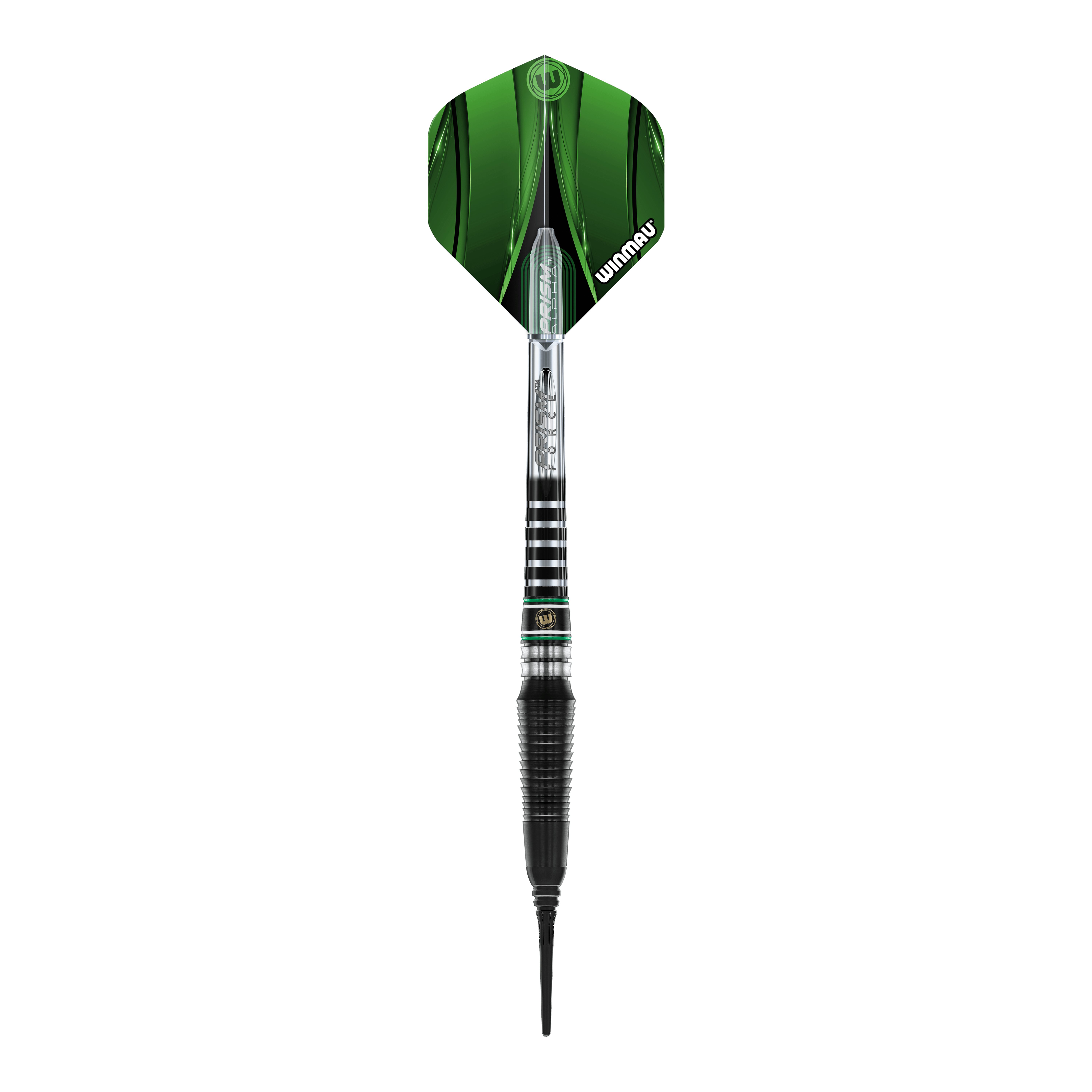 Měkké šipky Winmau Sniper Black 2025 - 20g Das Bild zeigt einen Winmau Sniper Black 2025 Softdart mit einem Gewicht von 20g. Der Dart hat schwarze und silberne Elemente sowie rote und grüne Akzente am Schaft.