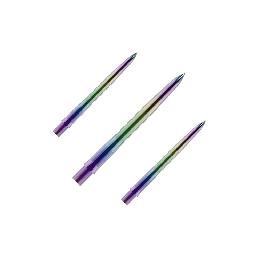 Auf dem Bild sind drei bunte, gerillte Dartspitzen zu sehen. Sie haben eine glänzende Oberfläche mit violetten, grünen und blauen Farbverläufen.
