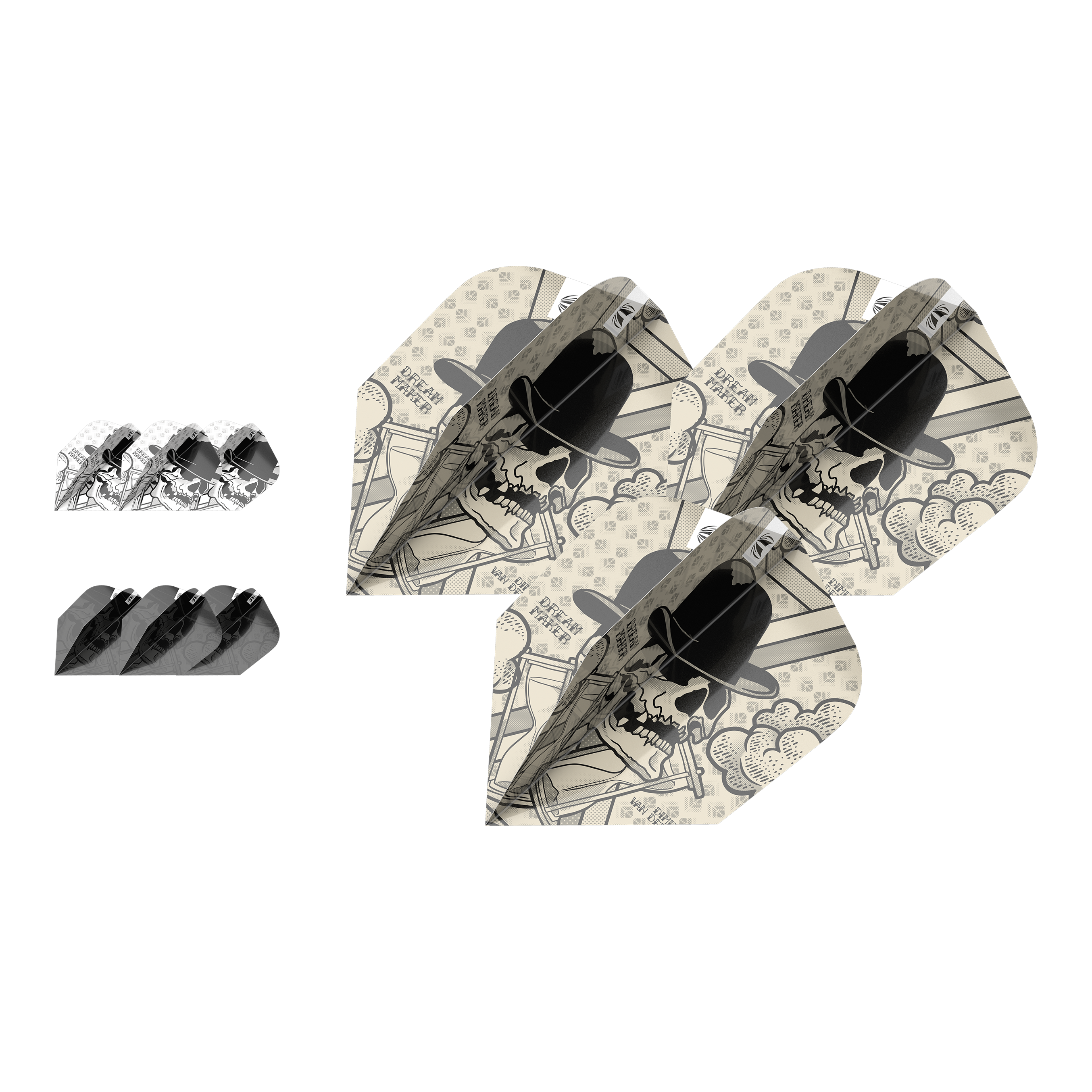 Balíček cílových inkoustů 3 sady Letenky Dimitri Van Den Bergh Ten-X Das Bild zeigt drei Sets von Dartflights mit einem Totenkopf-Design und Hut. Die Flights gehören zum Produkt "Target Ink Bundle 3 Sets Dimitri Van Den Bergh Ten-X Flights".
