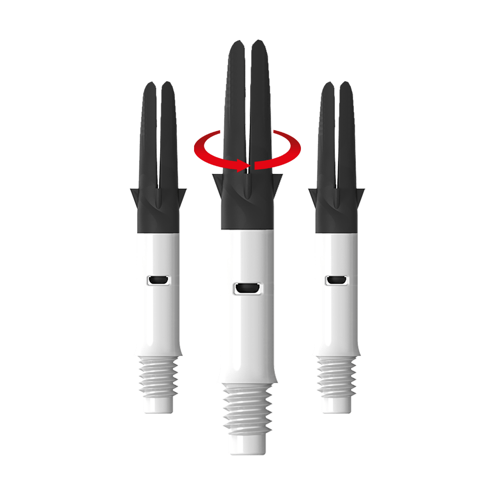 L-L-Style-Shaft Carbon Silent Straight - Bílá Das Bild zeigt drei weiße und schwarze Dartshafts nebeneinander. Über dem mittleren Shaft ist ein roter Pfeil, der eine Drehbewegung anzeigt.