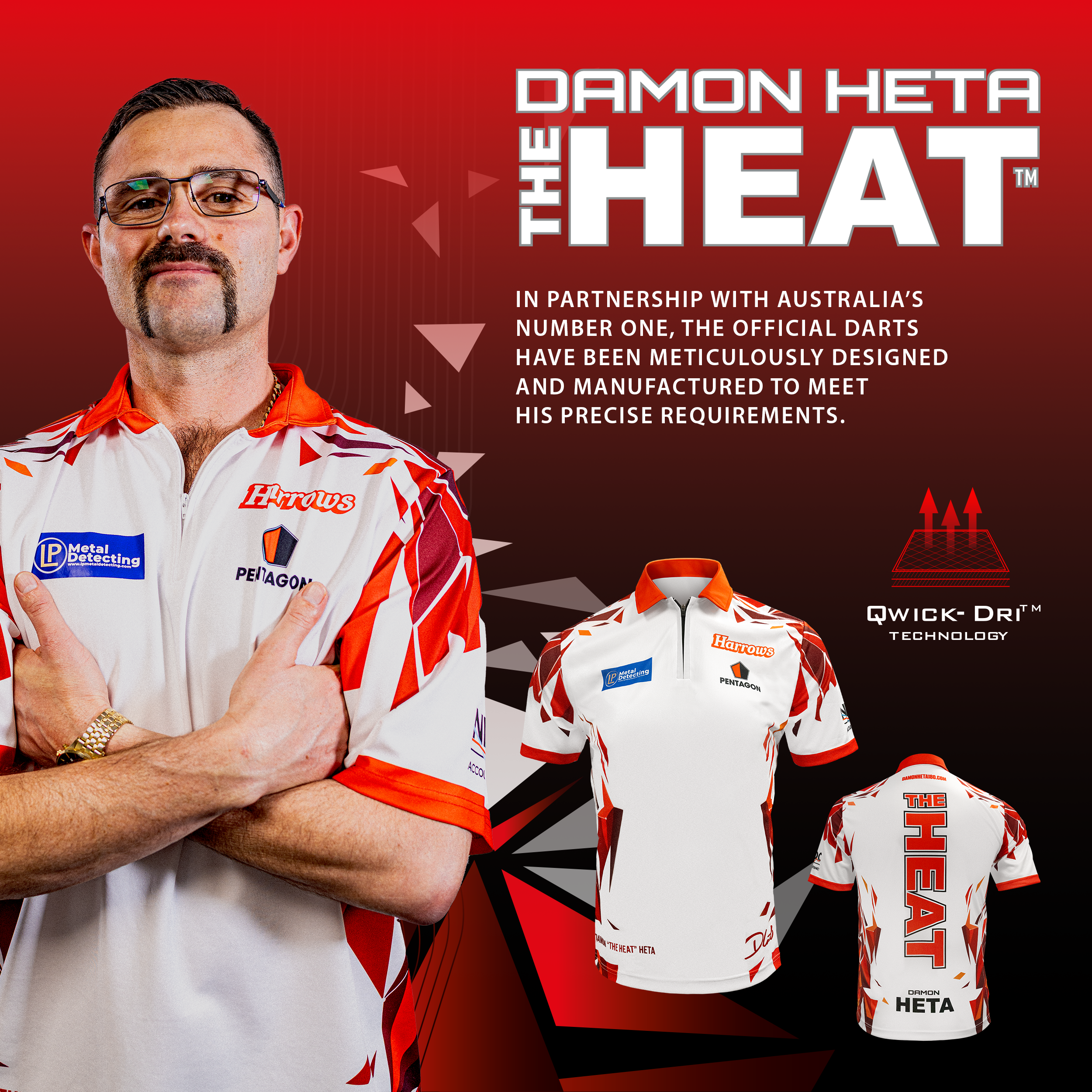 Harrowův hráčský dres Damona Hety Das Bild zeigt das Harrows Damon Heta Playershirt. Es handelt sich um ein original Dartspielertrikot.