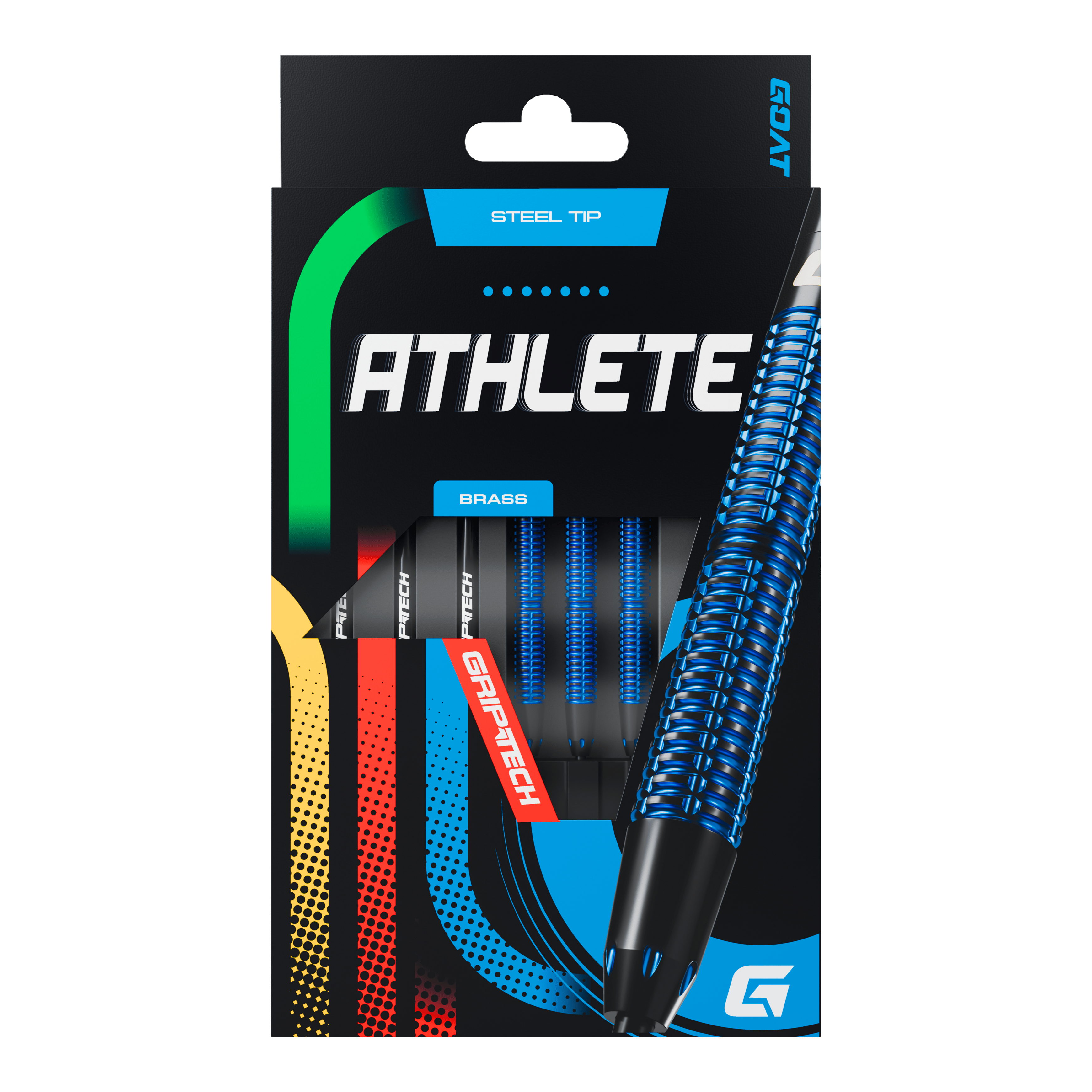 Steeldarts GOAT Athlete modré mosazné - 12g Die Abbildung zeigt die Verpackung der GOAT Athlete Blue Brass Steeldarts mit einem Gewicht von 12g. Auf der Verpackung sind blaue, strukturierte Darts sowie die Aufschrift "ATHLETE" und "GRIPTECH" zu sehen.