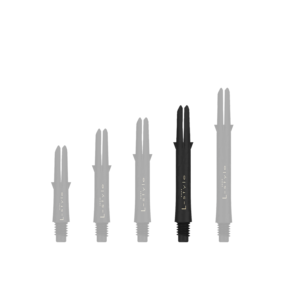 Karbonové hřídele ve stylu L Auf dem Bild sind fünf schwarze Dartschäfte in unterschiedlicher Länge zu sehen. Sie sind senkrecht nebeneinander angeordnet und tragen die Aufschrift "L-style".