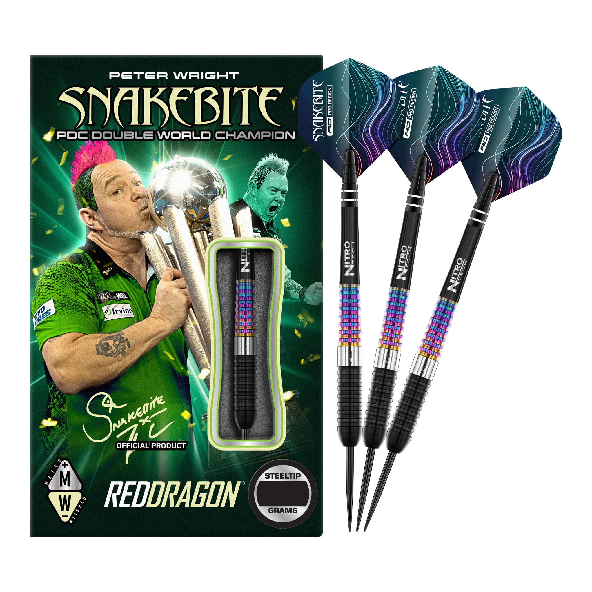 Red Dragon Peter Wright Corra Steeldarts Die Abbildung zeigt die Red Dragon Peter Wright Corra Steeldarts mit bunter Verpackung. Drei Steeldarts mit farbenfrohem Schaft und schwarzen Spitzen sind neben der Verpackung zu sehen.