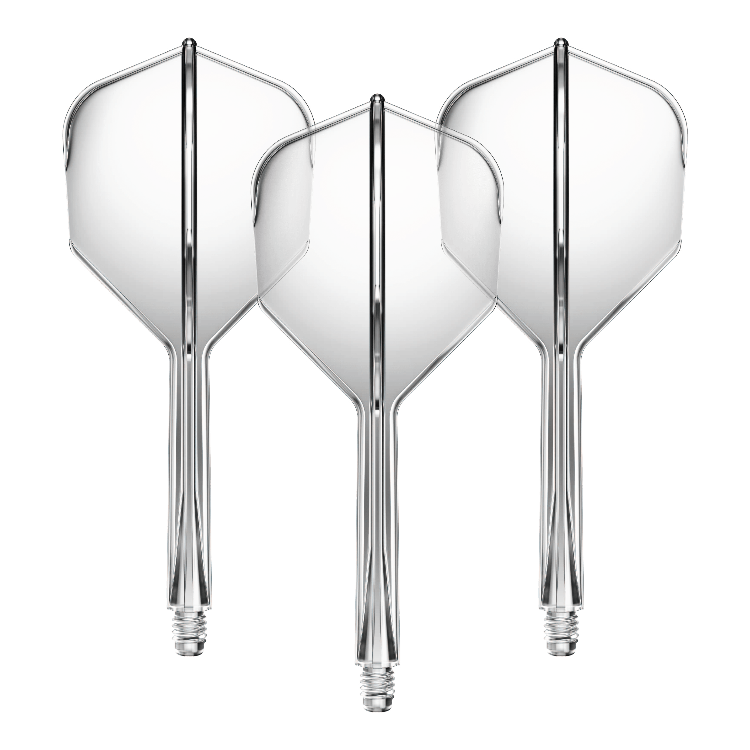 Systém letmých hřídelí GOAT A1R No6 - Čirý Auf dem Bild sind drei transparente Dartflights mit integriertem Schaft zu sehen. Sie sind nebeneinander angeordnet und haben eine klare, mittelgroße Form.