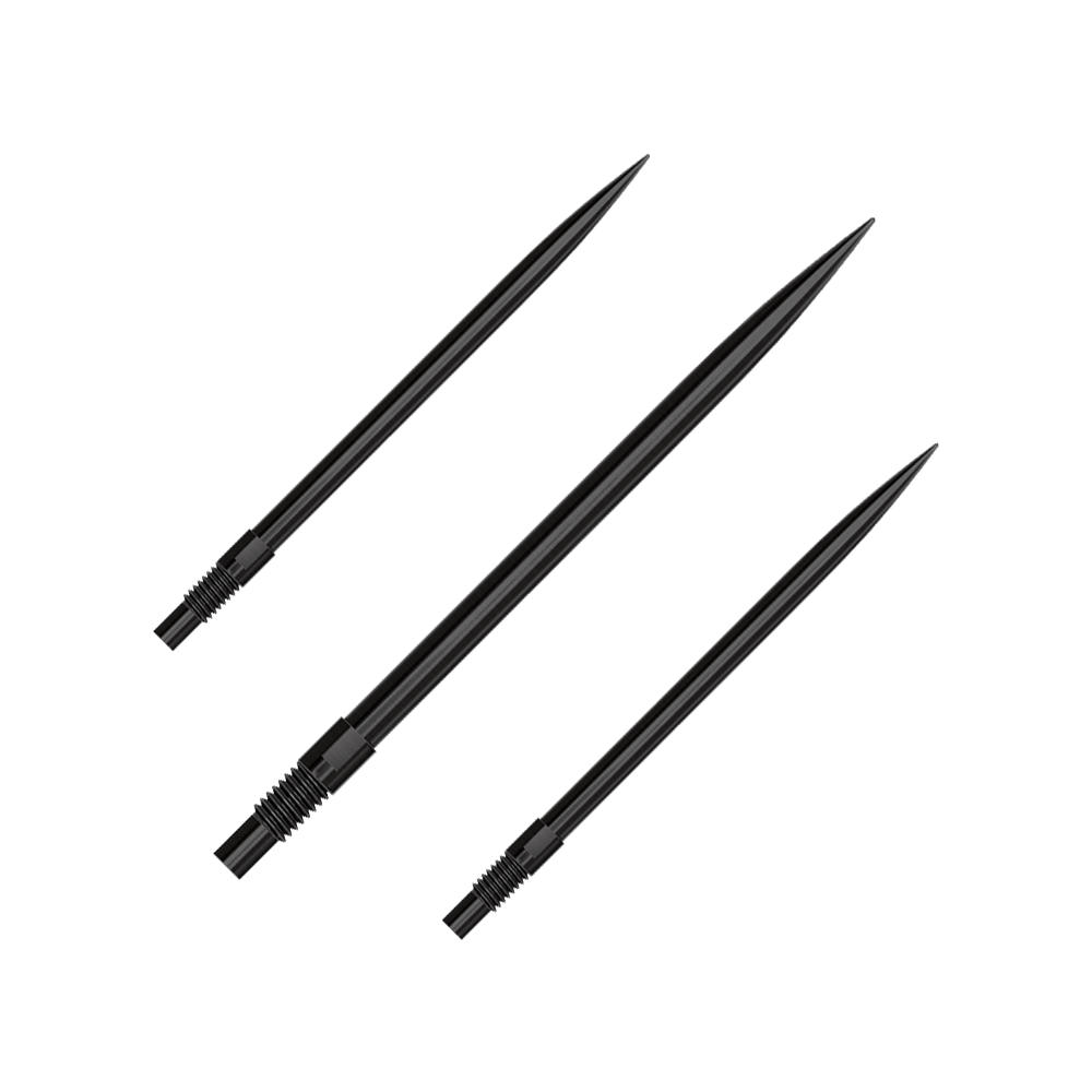 Špičky šipek Harrows Quick Point - černé Ein Set aus schwarzen QuickPoint Dartspitzen mit 40 mm Länge. Die Dartspitzen liegen auf einer neutralen Oberfläche.