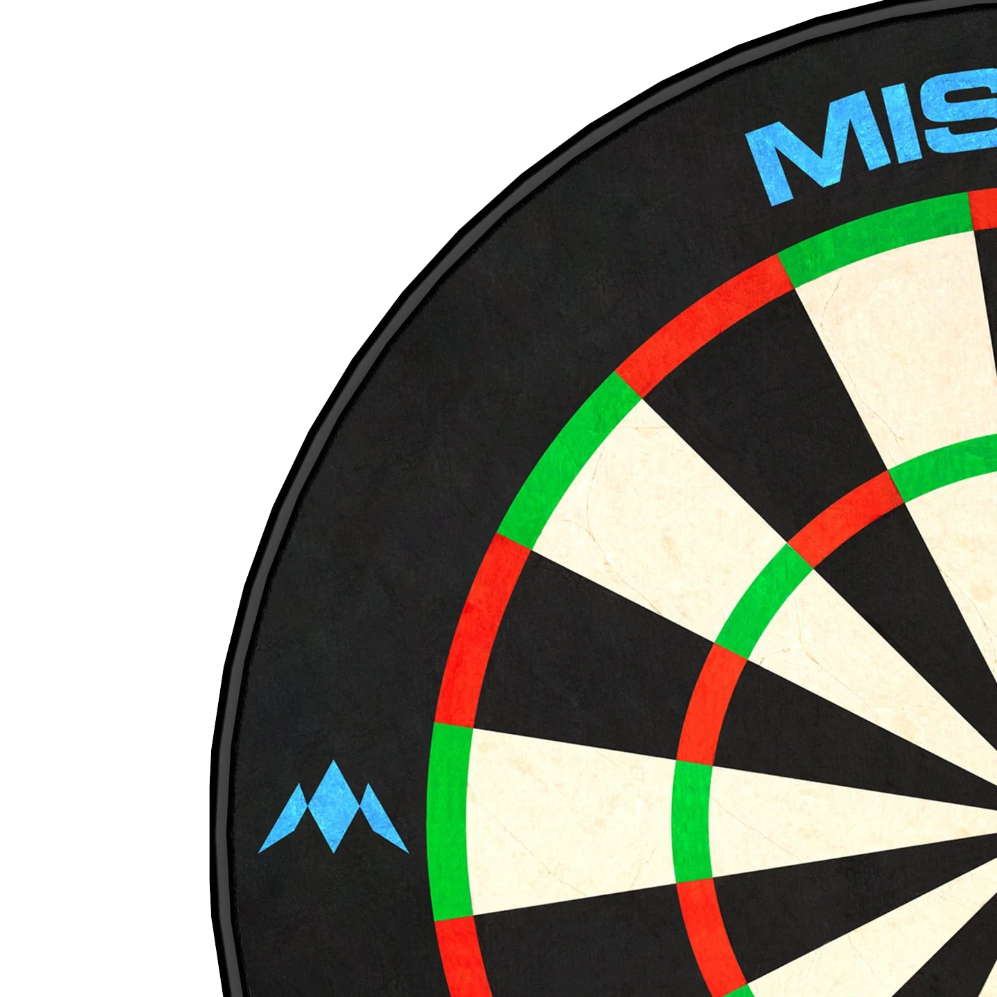 Das Bild zeigt einen Ausschnitt eines Dartboards mit schwarzen, weißen, roten und grünen Feldern. Oben ist ein Teil des Schriftzugs "MISSION" zu sehen.