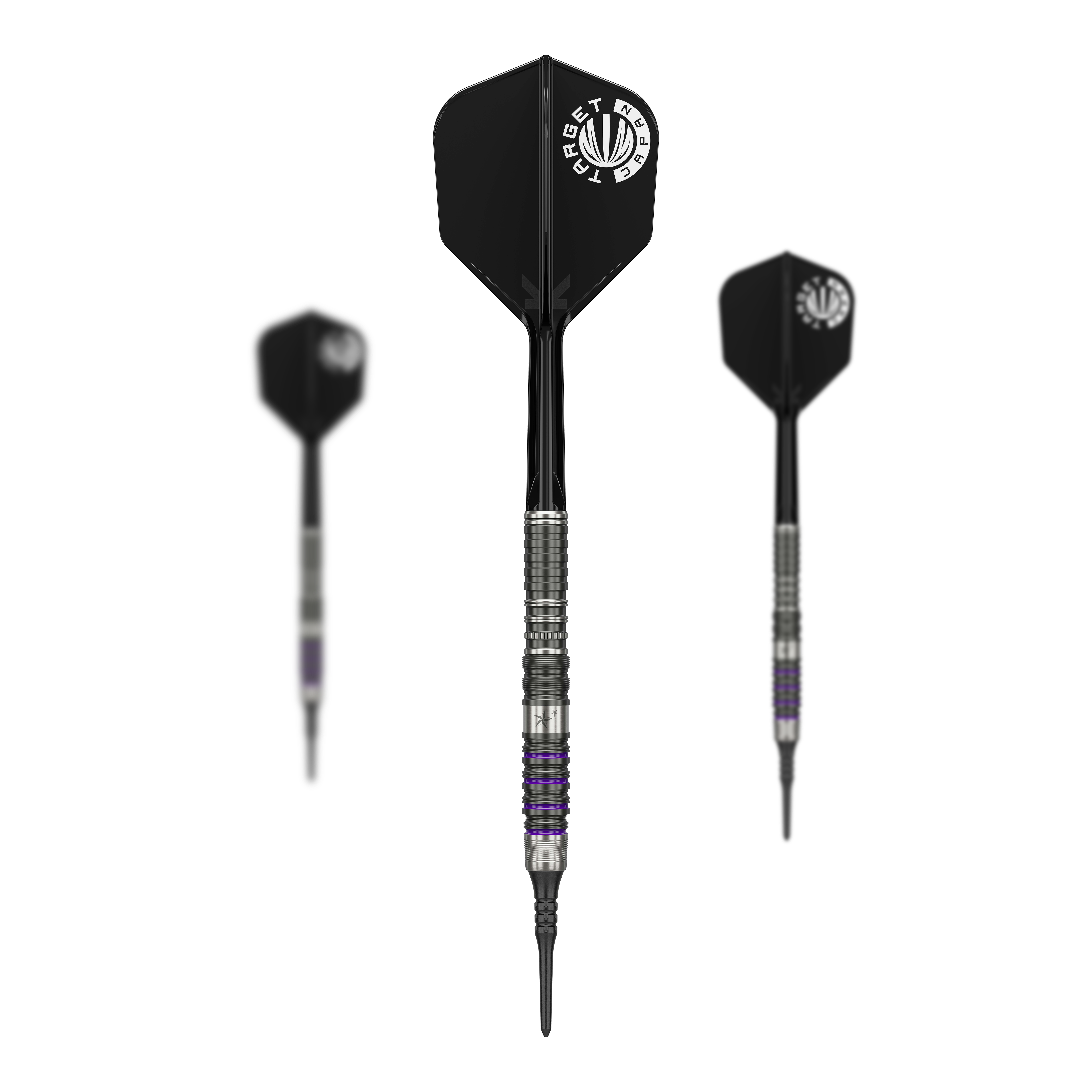 Das Bild zeigt drei Softdarts aus der Serie "Target Japan Prime Series Yuta Hayashi Sirius GEN3 MAX" mit einem Gewicht von 21,5g. Die Darts haben schwarze Flights mit weißem Aufdruck und einen silbernen, detailliert gearbeiteten Barrel.