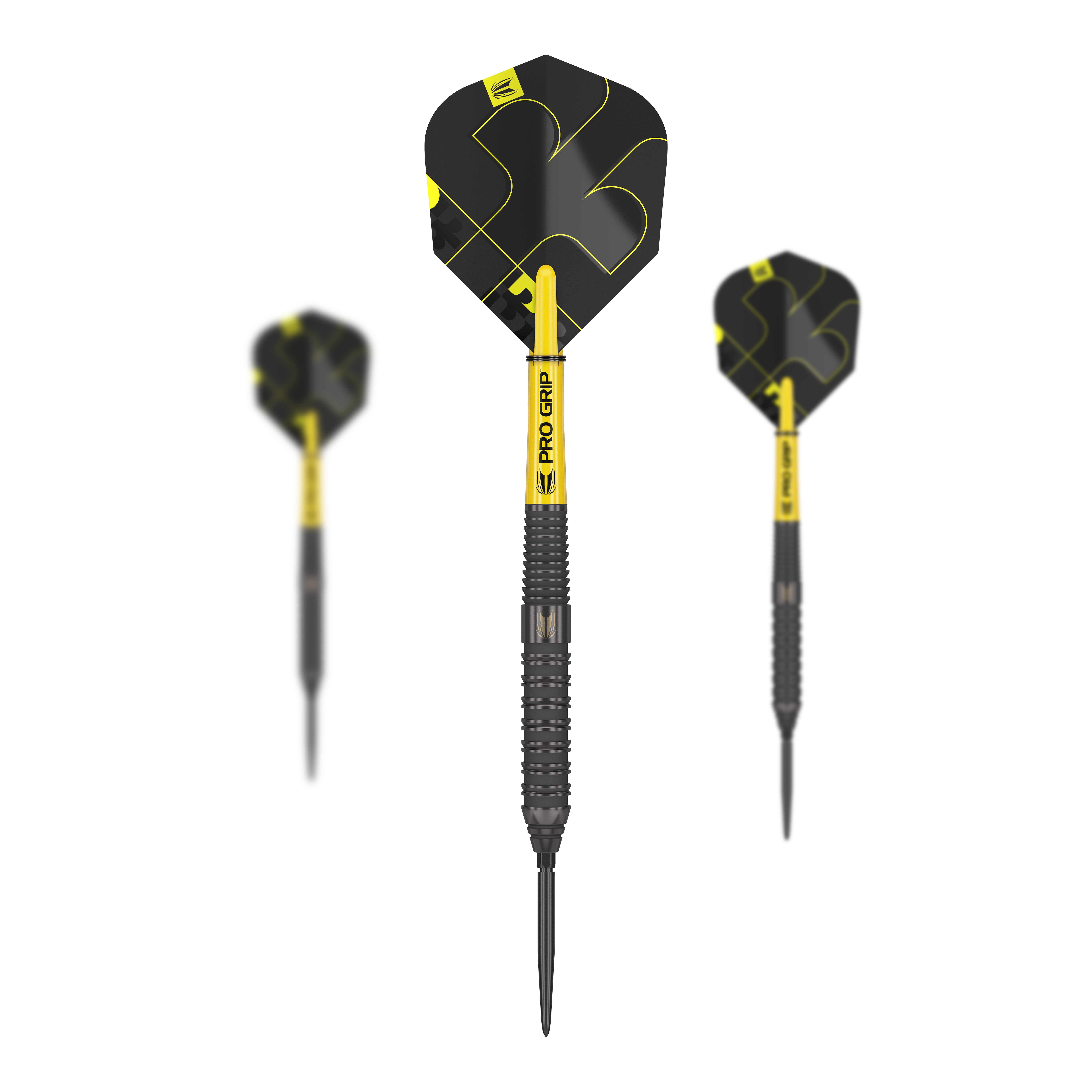 Ocelové šipky Target Bolide Void 02 Swiss Point Auf dem Bild sind drei Steeldarts des Modells "Target Bolide Void 02 Swiss Point" zu sehen. Die Darts sind schwarz-gelb und haben eine strukturierte Griffzone sowie auffällige Flights.