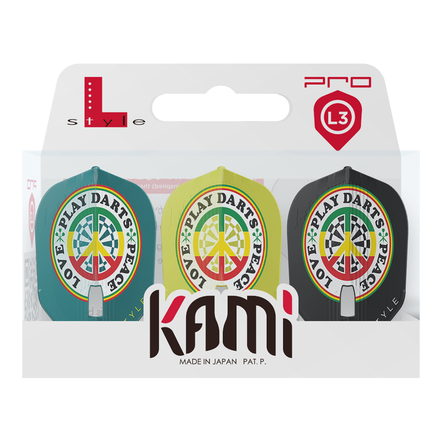 L-L-Styleisa Ashton V1 Pink L3PRO KAMI Flights Die Packung zeigt drei unterschiedlich farbige Dart-Flights mit dem Aufdruck "LOVE * PLAY DARTS * PEACE". Das Produkt heißt "L-Style Deta Hedman V4 Mix KAMI Flights" und ist in Japan hergestellt.