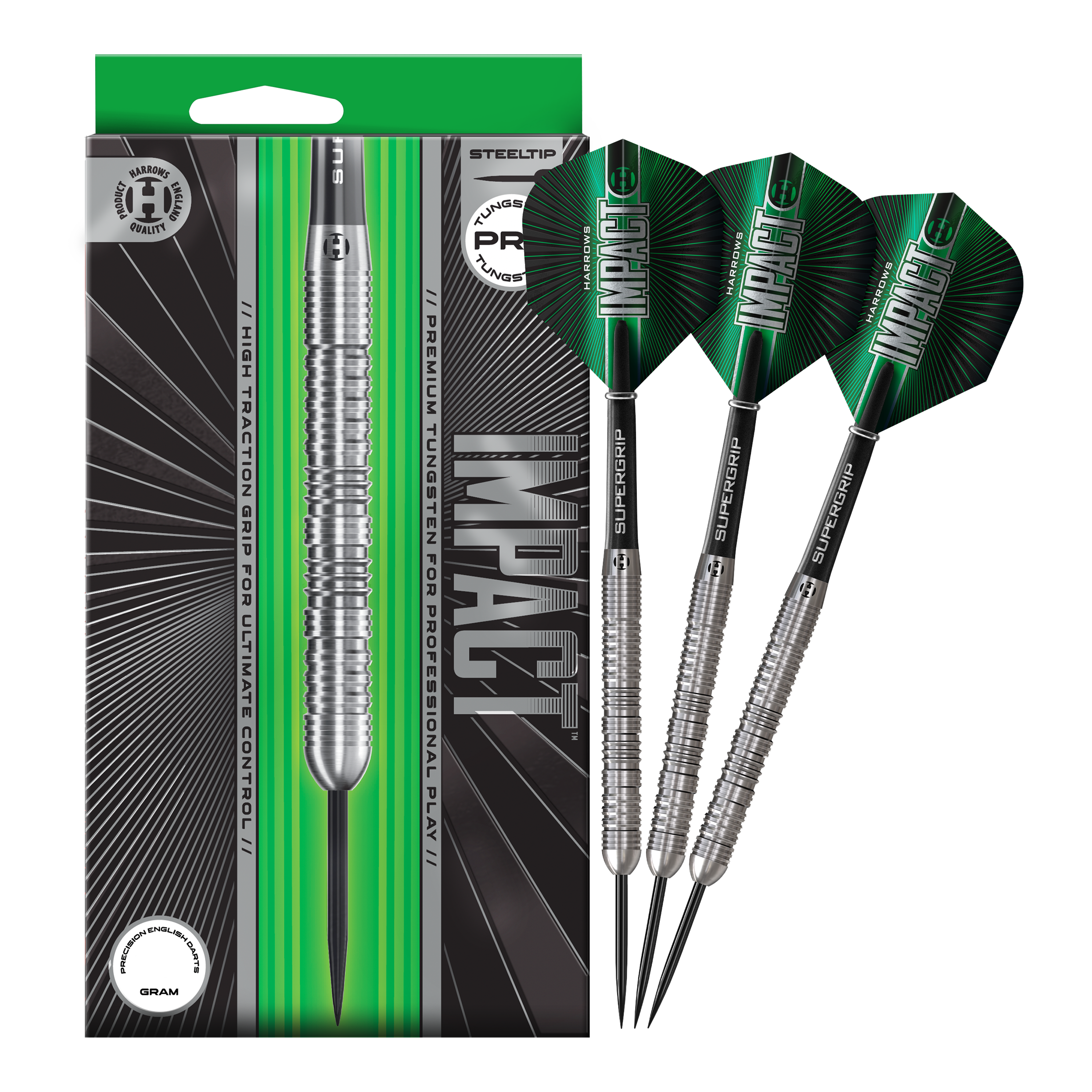 Ocelové šipky Harrows Impact Das Foto zeigt die vollständigen Harrows Impact Steeldarts. Die Darts sind fertig zusammengestellt für den Gebrauch.