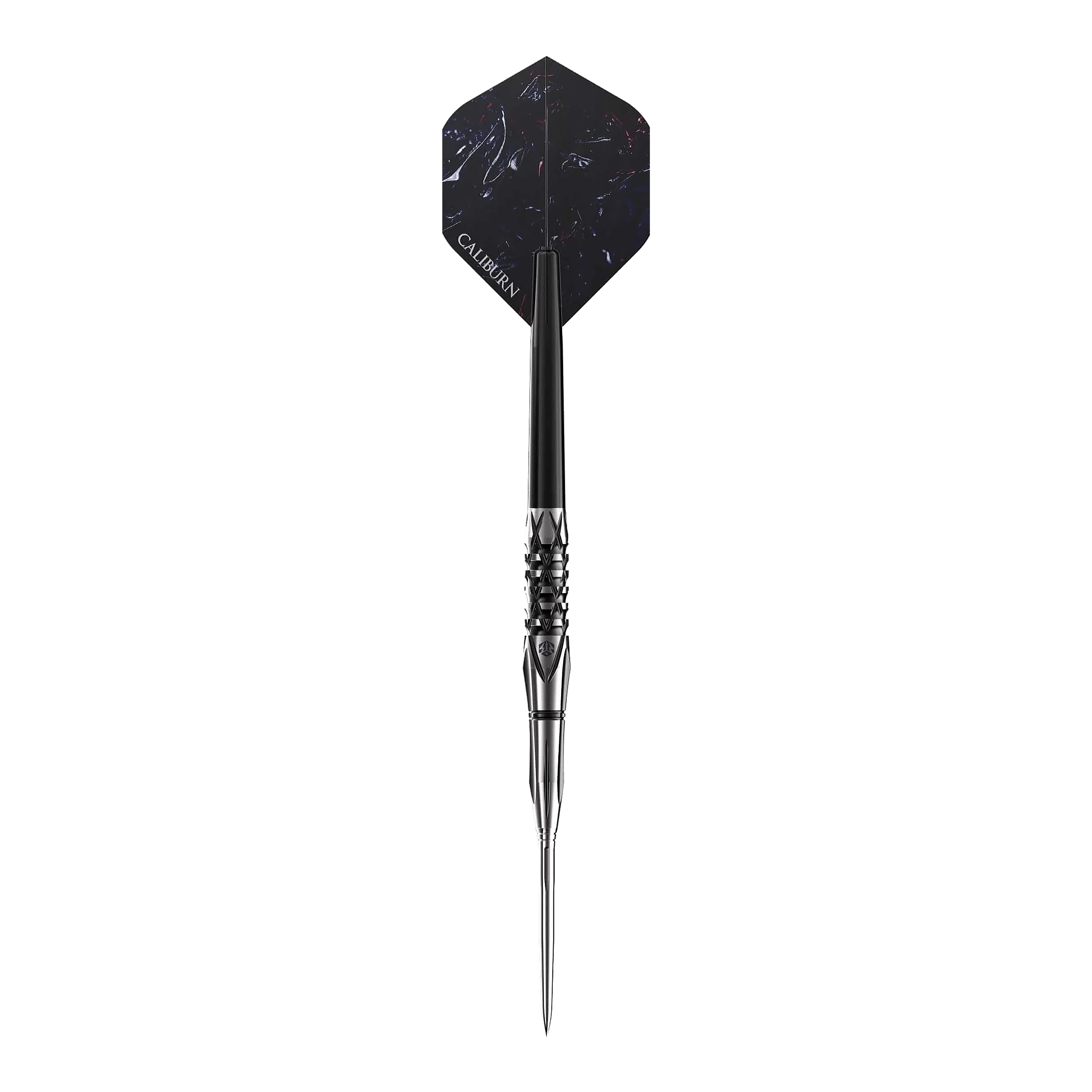 Das Bild zeigt einen Steeldart namens „Caliburn Sword S4“. Der Dartpfeil hat ein elegantes, schwarzes Design mit metallischer Spitze und detaillierten Griffrillen.