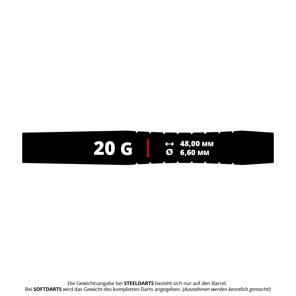 Šipky Mission Lava Softdarts - 20g Das Bild zeigt die Produktinformationen der Mission Lava Softdarts mit einem Gewicht von 20 Gramm. Die Darts sind 48,00 mm lang und haben einen Durchmesser von 6,60 mm.