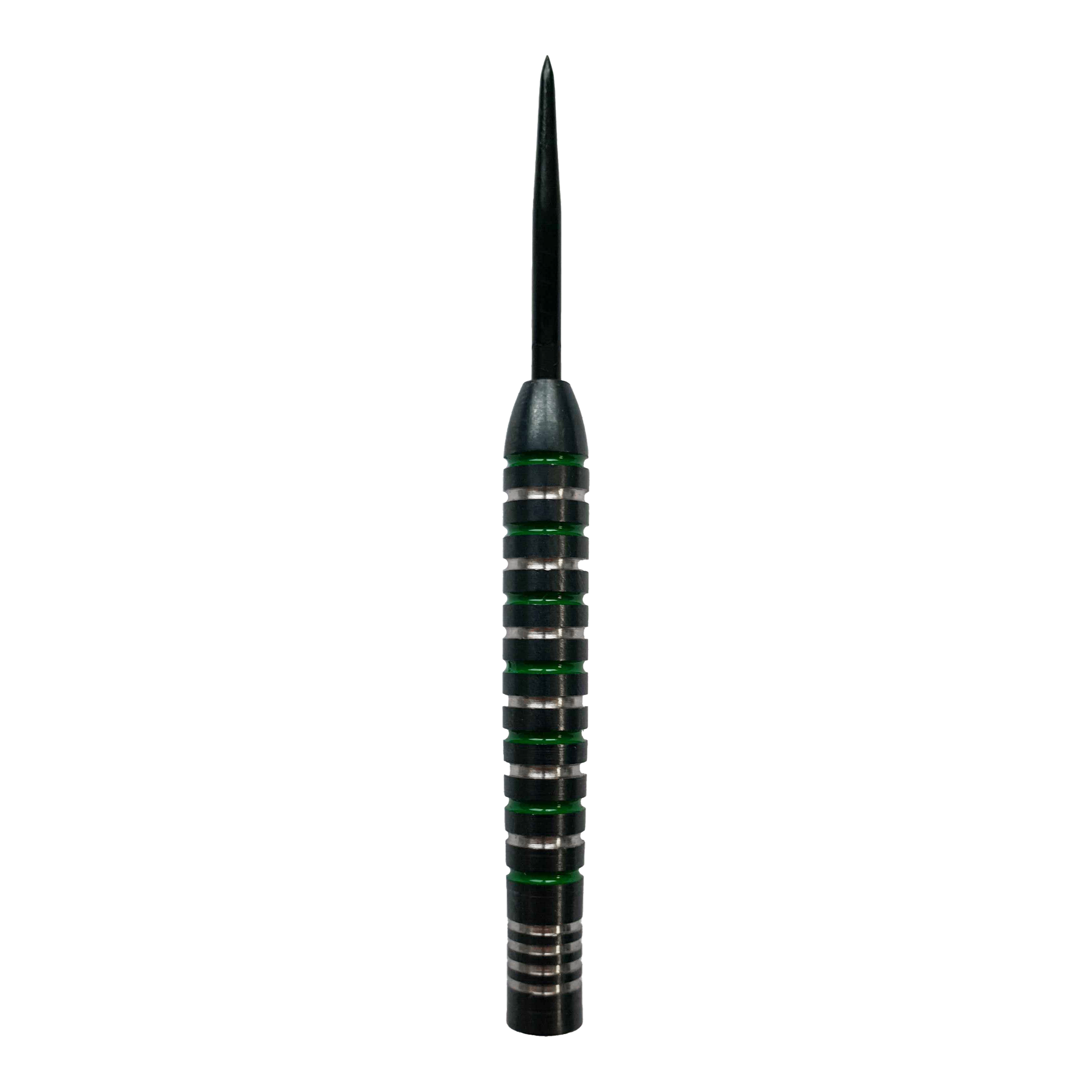 McDart stříbrnozelené ocelové sudy Das Bild zeigt ein McDart Silver Green Steeldart Barrel. Der Dartpfeil hat silberne Ringe mit grünen Akzenten entlang des Griffbereichs.