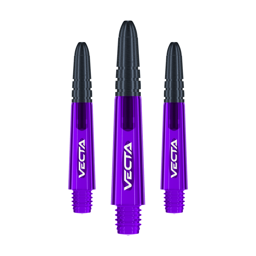 Násadky Winmau Vecta - fialovo-černé Auf dem Bild sind drei lilafarbene und schwarze Dartschäfte der Marke Vecta zu sehen. Die Schäfte sind 34 mm lang und werden als Set geliefert.