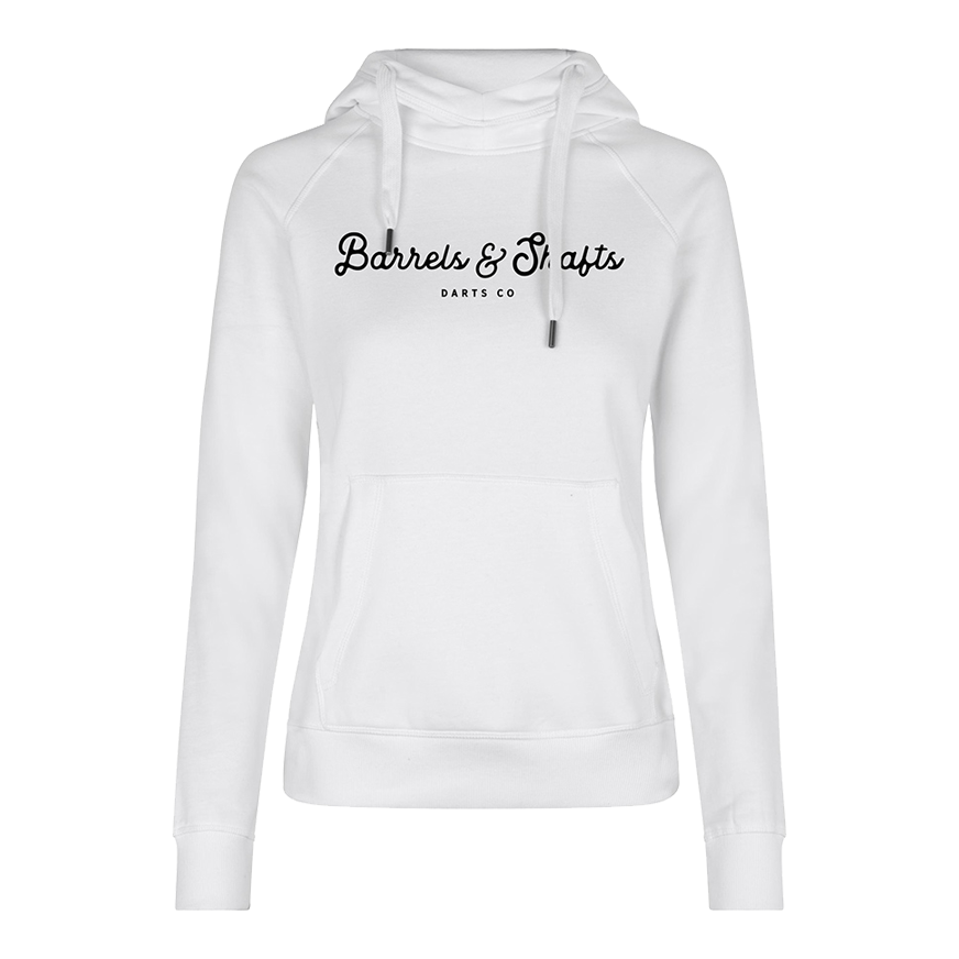 Dámská mikina s kapucí Barrels and Shafts – bílá Dies ist ein weißer Damen-Hoodie mit Kapuze und Kängurutasche. Auf der Vorderseite steht der Text "Barrels & Shafts Darts Co".