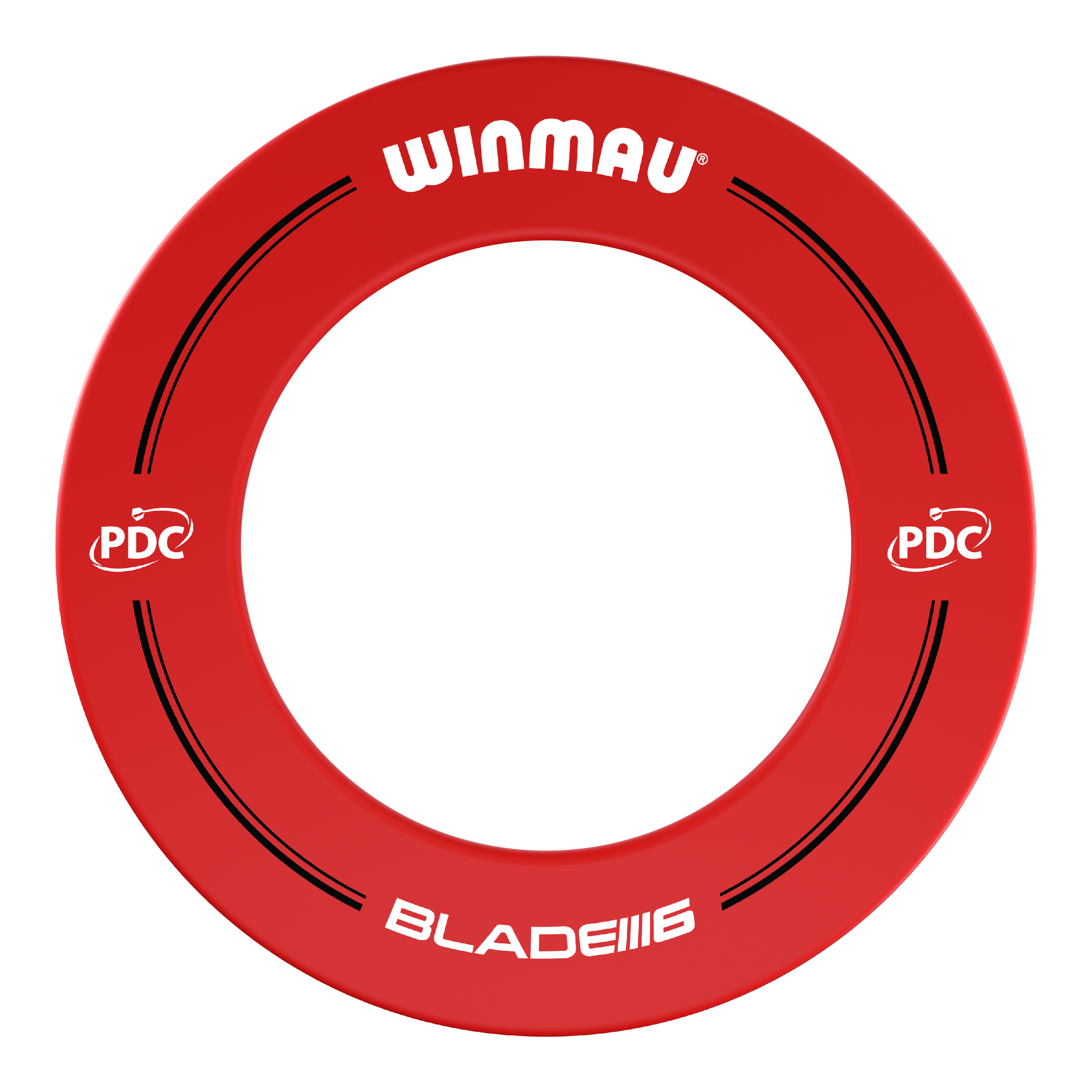 Kryt terče Winmau PDC - červený Das Bild zeigt einen roten Dartboard-Surround der Marke Winmau mit der Aufschrift "BLADE 6". Auf dem Ring sind außerdem PDC-Logos und schwarze Designelemente zu sehen.