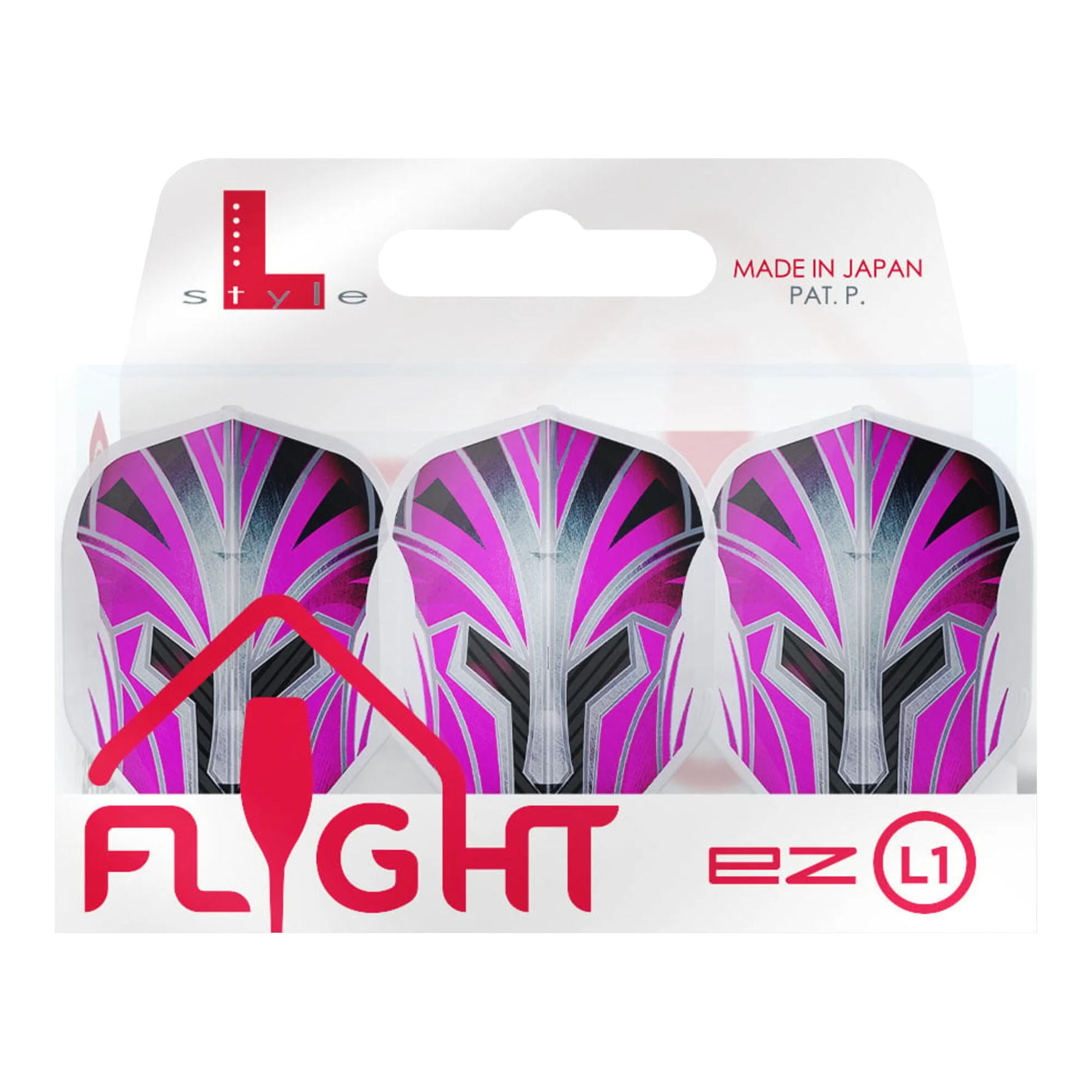 Das Bild zeigt eine Verpackung mit drei pinkfarbenen Dart-Flights der Marke L-Style. Auf der Verpackung steht „FLIGHT EZ L1“ und „Made in Japan“.
