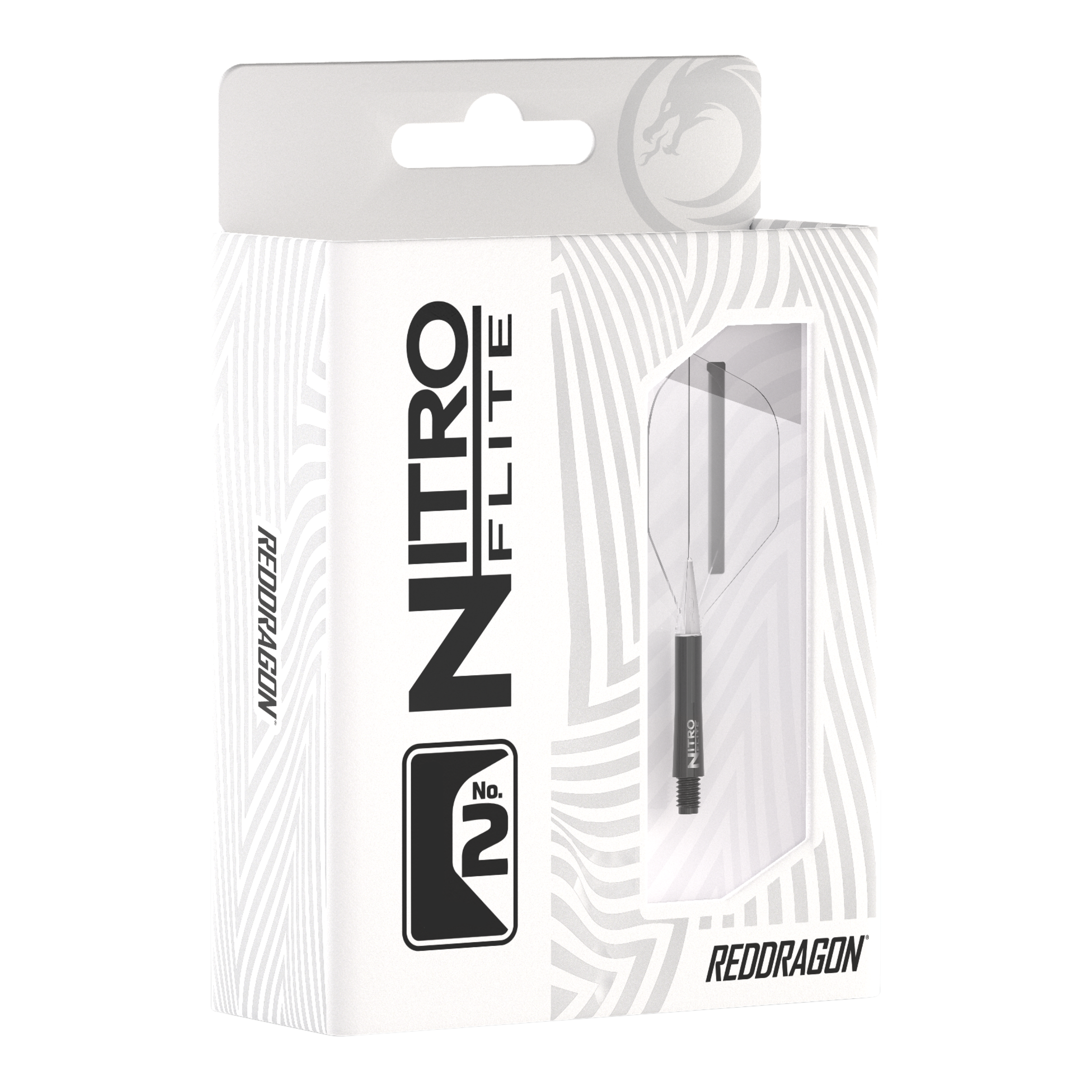 Red Dragon Nitroplite - Black Shaft Clear No2 Flights Die Abbildung zeigt die Verpackung des Produkts „Red Dragon Nitroflite - Black Shaft Clear No2 Flights“. Die Verpackung ist überwiegend weiß mit schwarzen Aufdrucken und einer Sichtöffnung, durch die das Produkt zu sehen ist.