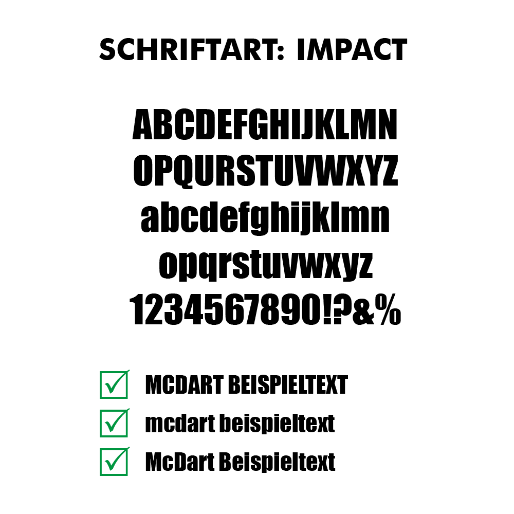 Flightdruck_Schriftart_Impactjj15ZvitquBlz Das Bild zeigt die Schriftart "Impact" mit Beispieltexten in Groß- und Kleinbuchstaben sowie Zahlen und Sonderzeichen. Unten sind drei Varianten von Beispieltexten mit grünen Häkchen dargestellt.