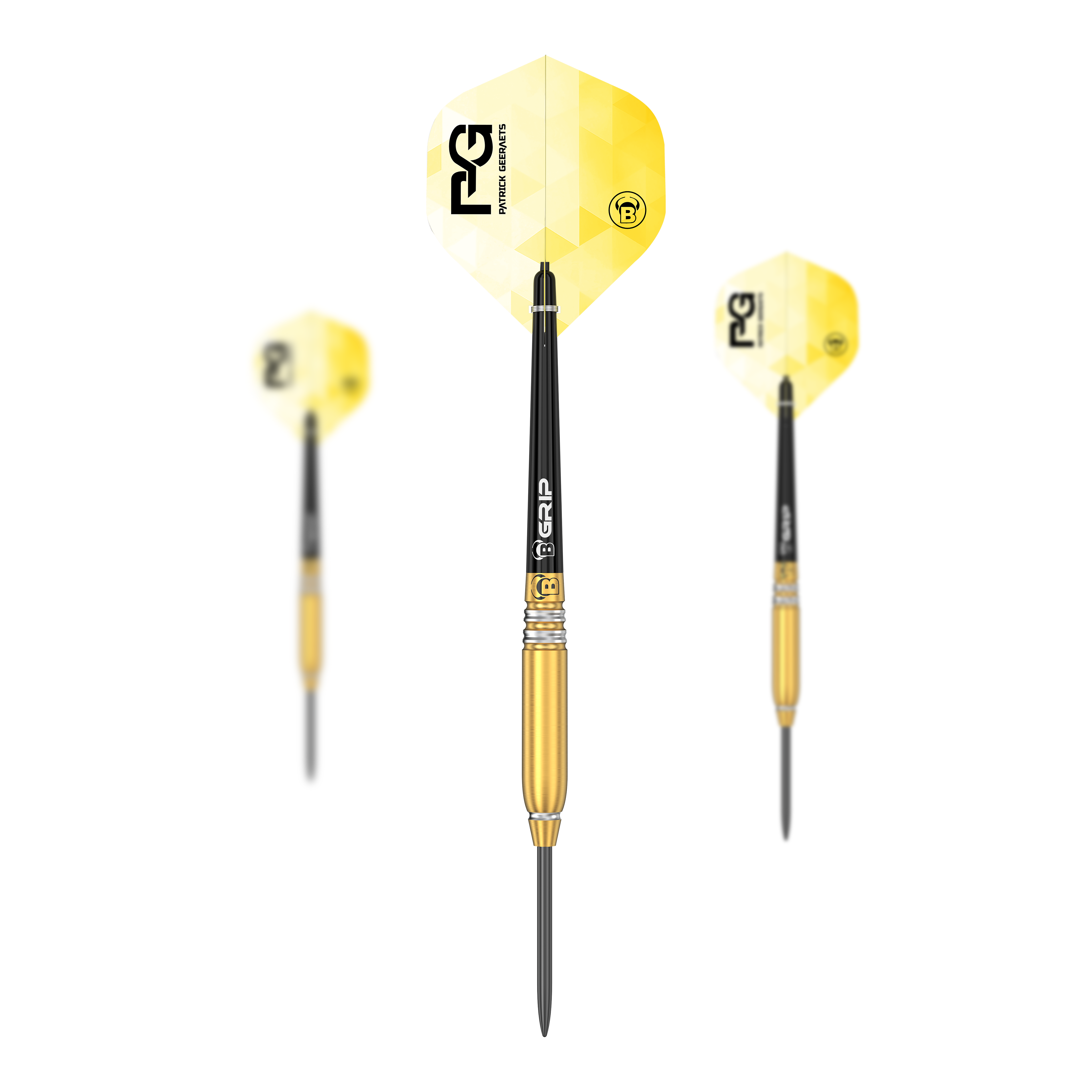Das Bild zeigt drei Steeldarts des Modells "Bulls Patrick Geeraets" mit einem Gewicht von 23 Gramm. Die Darts haben gelbe Flights und einen goldfarbenen Barrel.