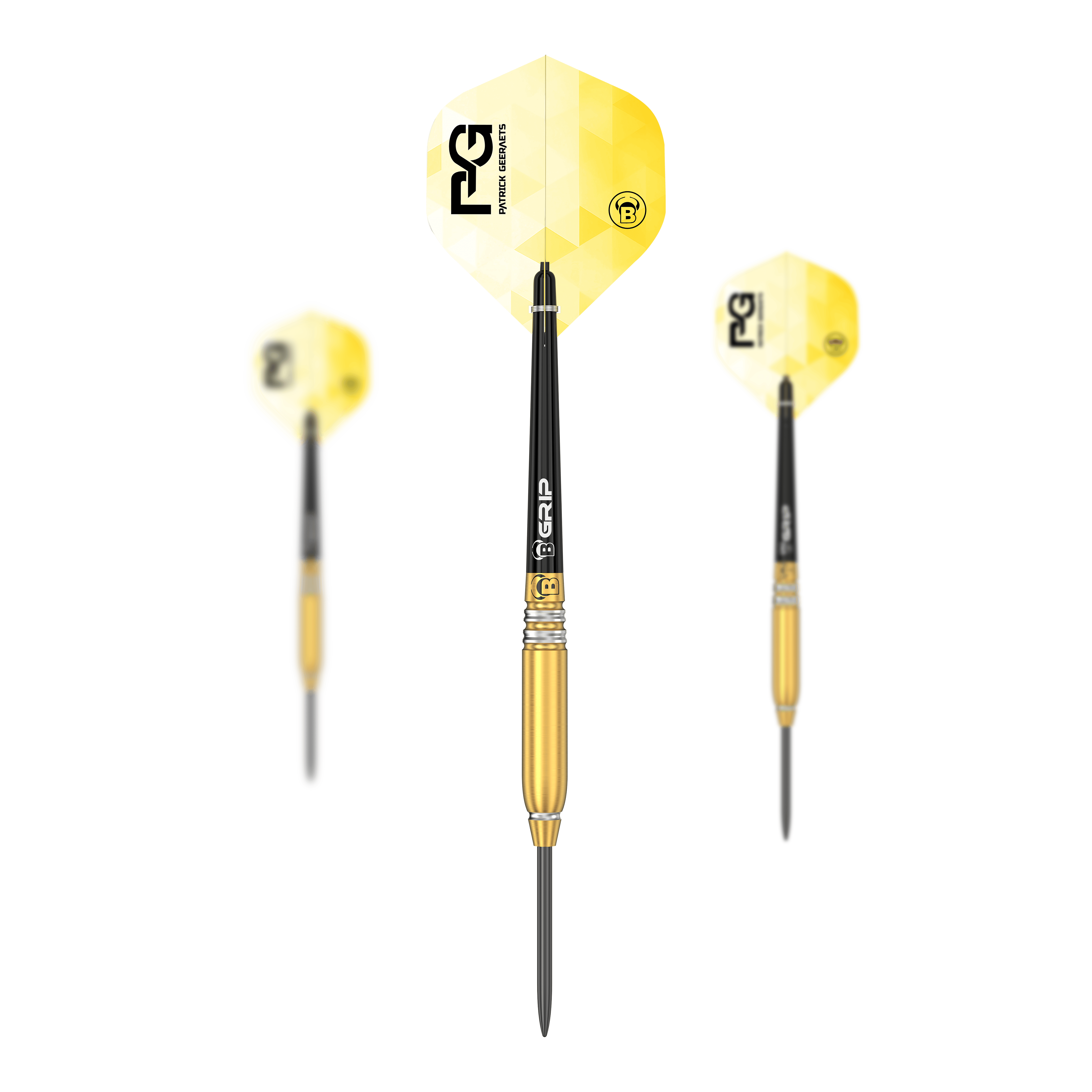 Býci Patrick Geeraets Steeldarts - 23g Das Bild zeigt drei Steeldarts des Modells "Bulls Patrick Geeraets" mit einem Gewicht von 23 Gramm. Die Darts haben gelbe Flights und einen goldfarbenen Barrel.
