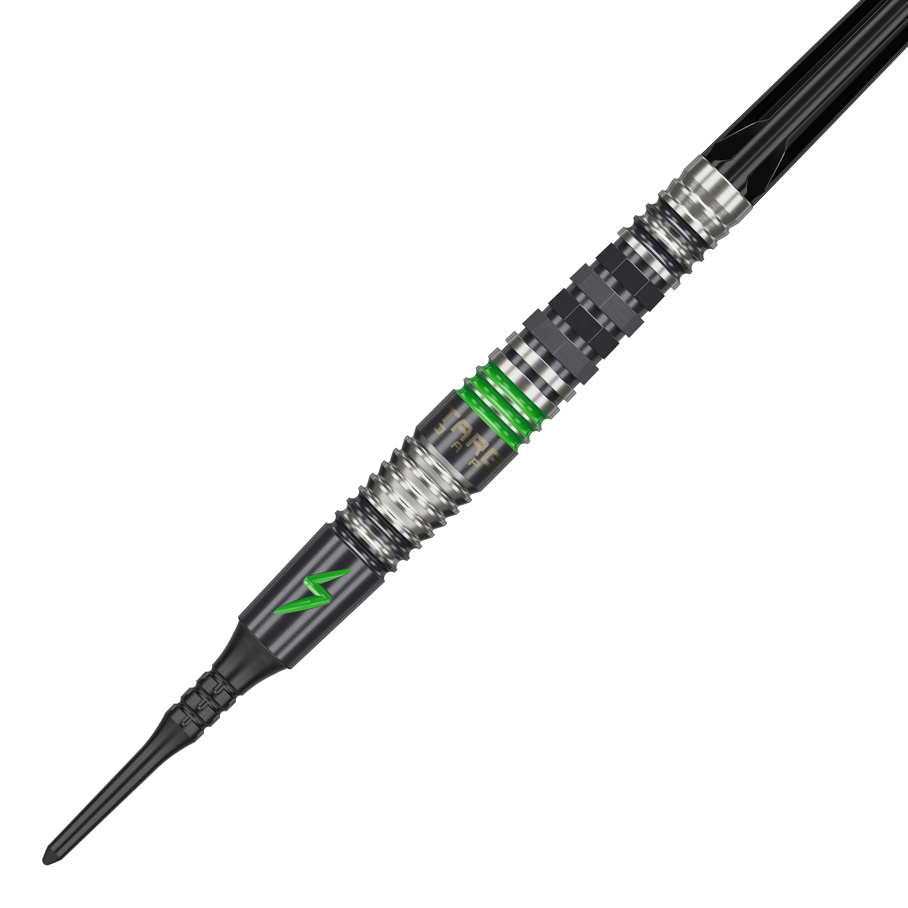 Das Bild zeigt einen Softdart namens "Target Japan Black Marque Lightning 3" mit einem Gewicht von 19g. Der Dart ist schwarz-silber mit grünen Akzenten und einem Blitzsymbol verziert.