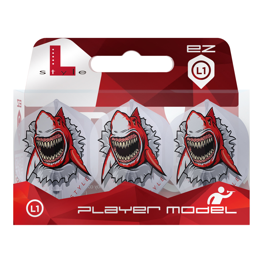 L-Style Florian Hempel Clear White Signature Champagne L1EZ Flights Das Bild zeigt eine Packung „L-Style Florian Hempel Clear White Signature Champagne L1EZ Flights“. Auf den Flights ist ein aggressiver Hai mit offenem Maul und roten Akzenten abgebildet.