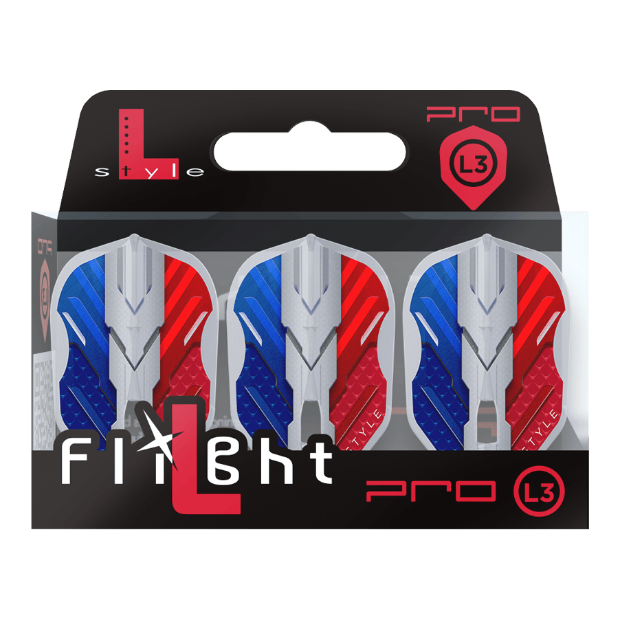 Letky L-Style V Series V1 Type B France Clear White L3PRO Das Bild zeigt eine Verpackung mit drei Dartflights der Marke L-Style in den Farben Blau, Weiß und Rot. Auf der Verpackung steht "Flight L Pro L3", und die Flights haben ein modernes, kantiges Design.
