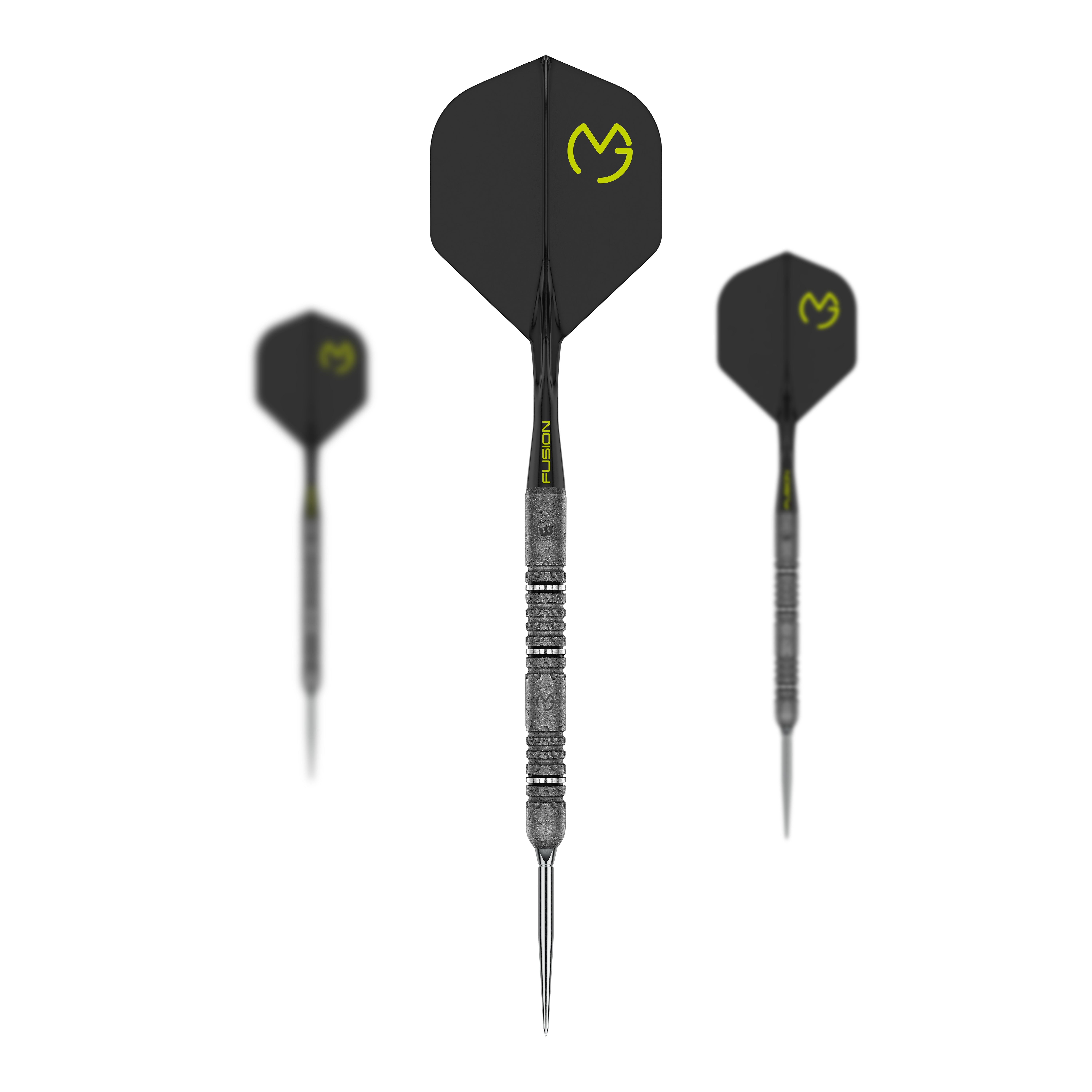 Hier sieht man die Winmau MvG Signature Edition Switch Points Steeldarts. Dieses Set ist eine Sonderedition, inspiriert vom Profi-Dartspieler Michael van Gerwen.