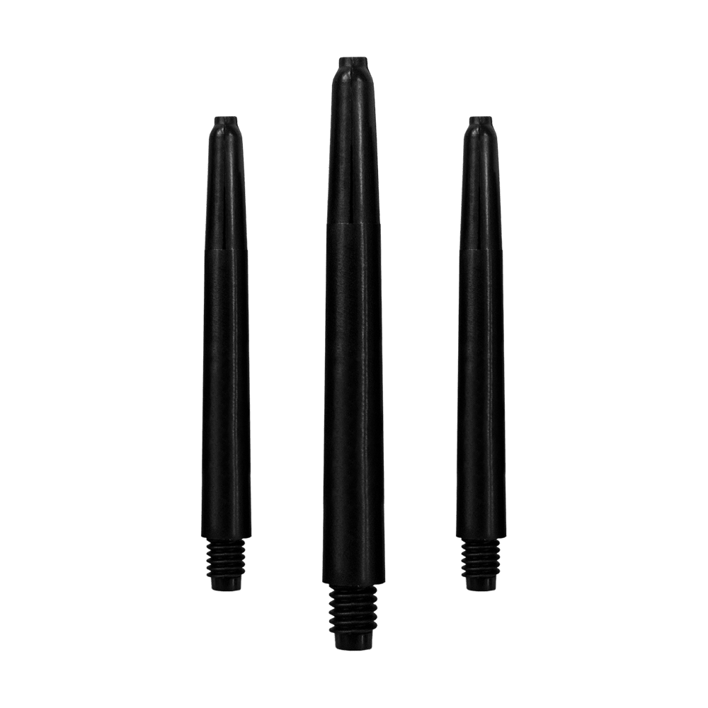 568_Nylon_Shafts_Schwarz_48mm_1 Das Bild zeigt drei schwarze Nylon-Schäfte für Dartpfeile. Sie sind in einer Reihe aufrecht angeordnet.