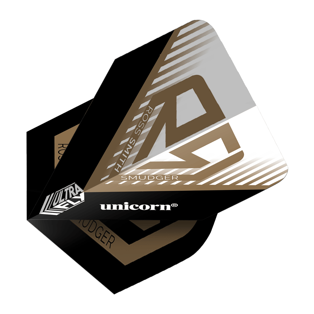 Letky Unicorn Ultrafly 100 Ross Smith Plus Das Bild zeigt die Unicorn Ultrafly 100 Ross Smith Plus Flights mit einem modernen Design in Schwarz, Gold und Weiß. Auf der Flight-Oberfläche sind die Wörter "Ross Smith", "Unicorn" und "Smudger" zu sehen.