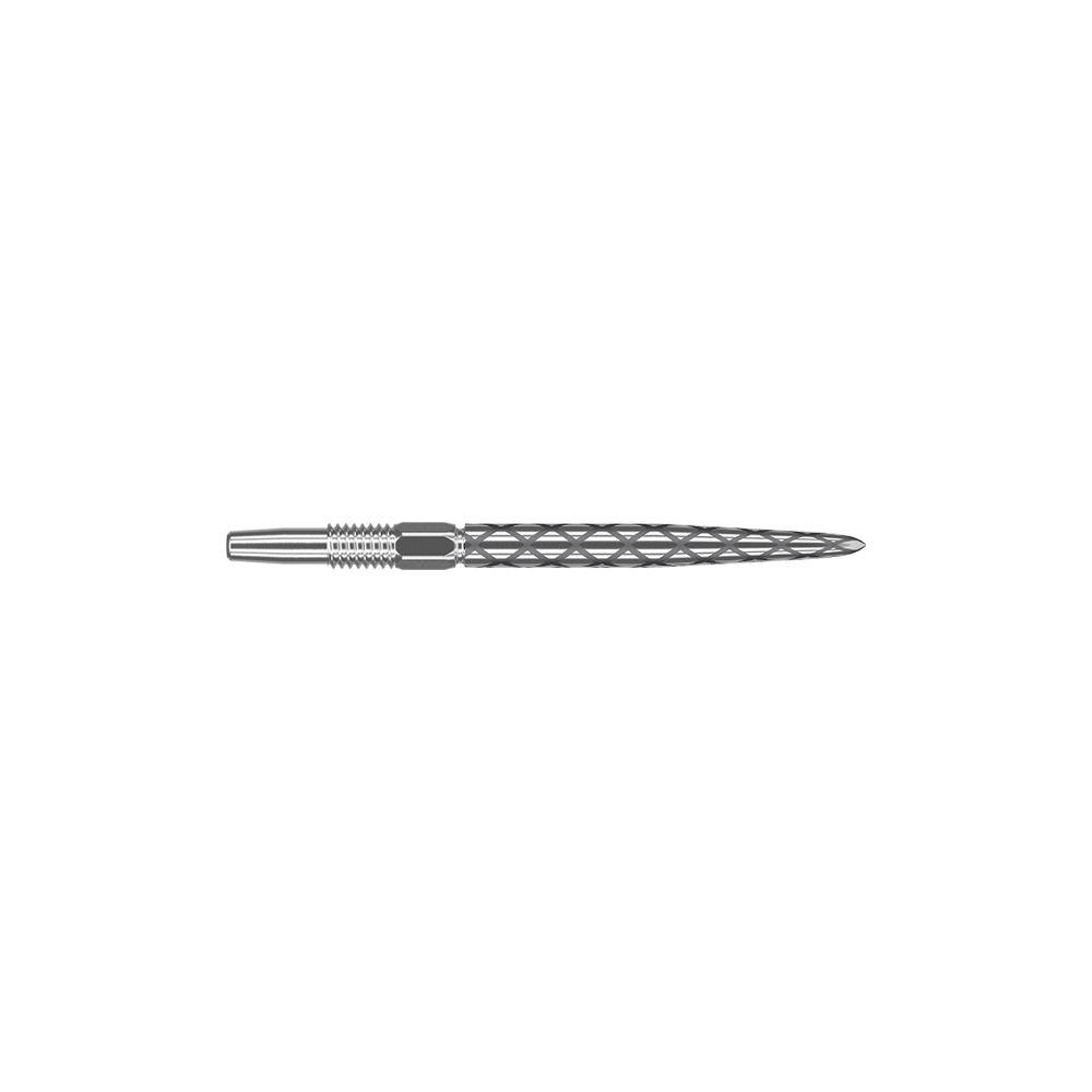 Zaměřte hroty šipek Swiss Diamond Pro Silver Points Das Bild zeigt eine silberne Dartspitze mit einem rautenförmigen Muster. Sie ist lang und schmal gestaltet und eignet sich für Präzisionswürfe beim Dartspiel.