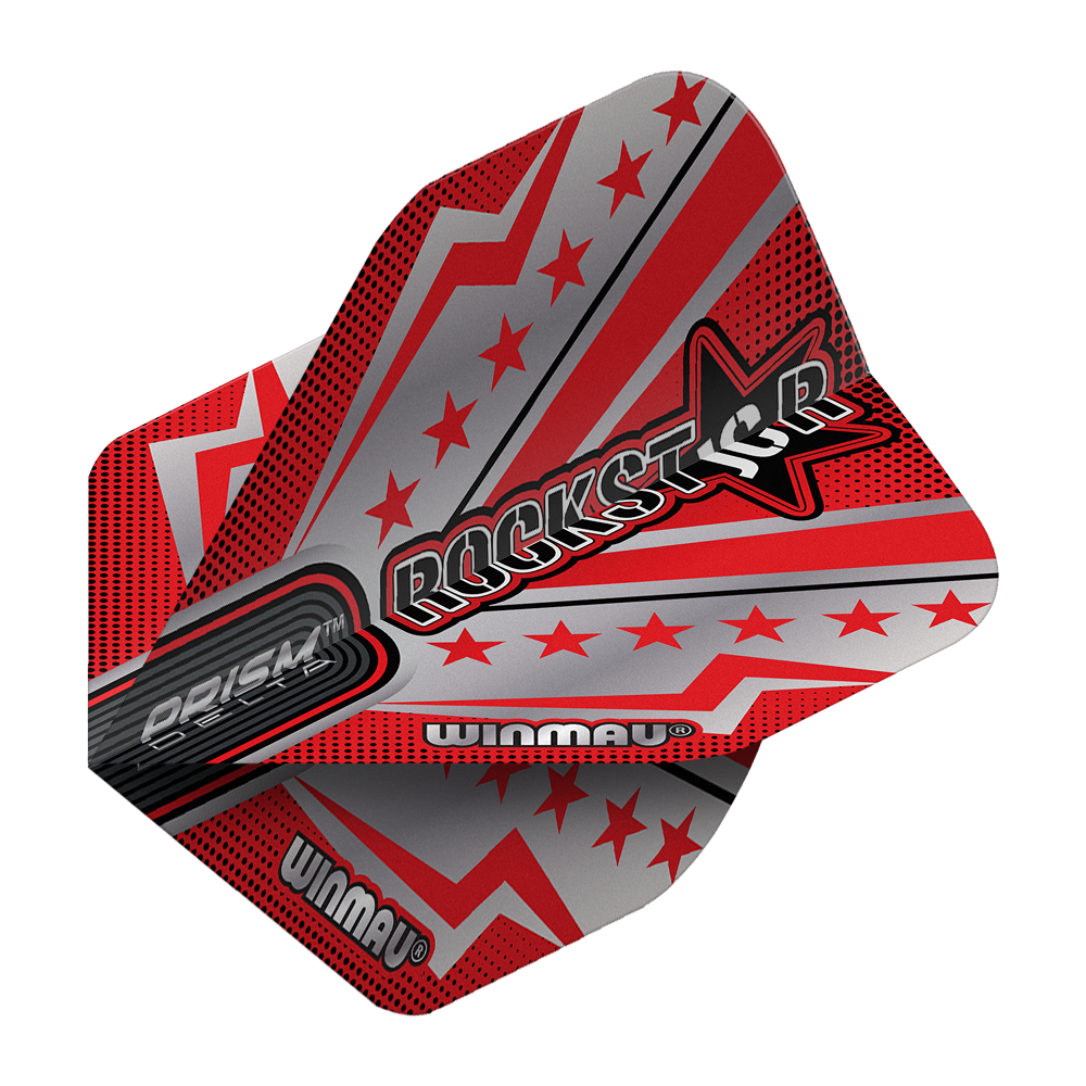 Das Bild zeigt ein Dartflight aus der Winmau Prism Delta Joe Cullen Rockstar Series No2 Standard Flights. Das Design ist in Rot, Silber und Schwarz gehalten und zeigt Sterne sowie das Wort "Rockstar" in großer Schrift.