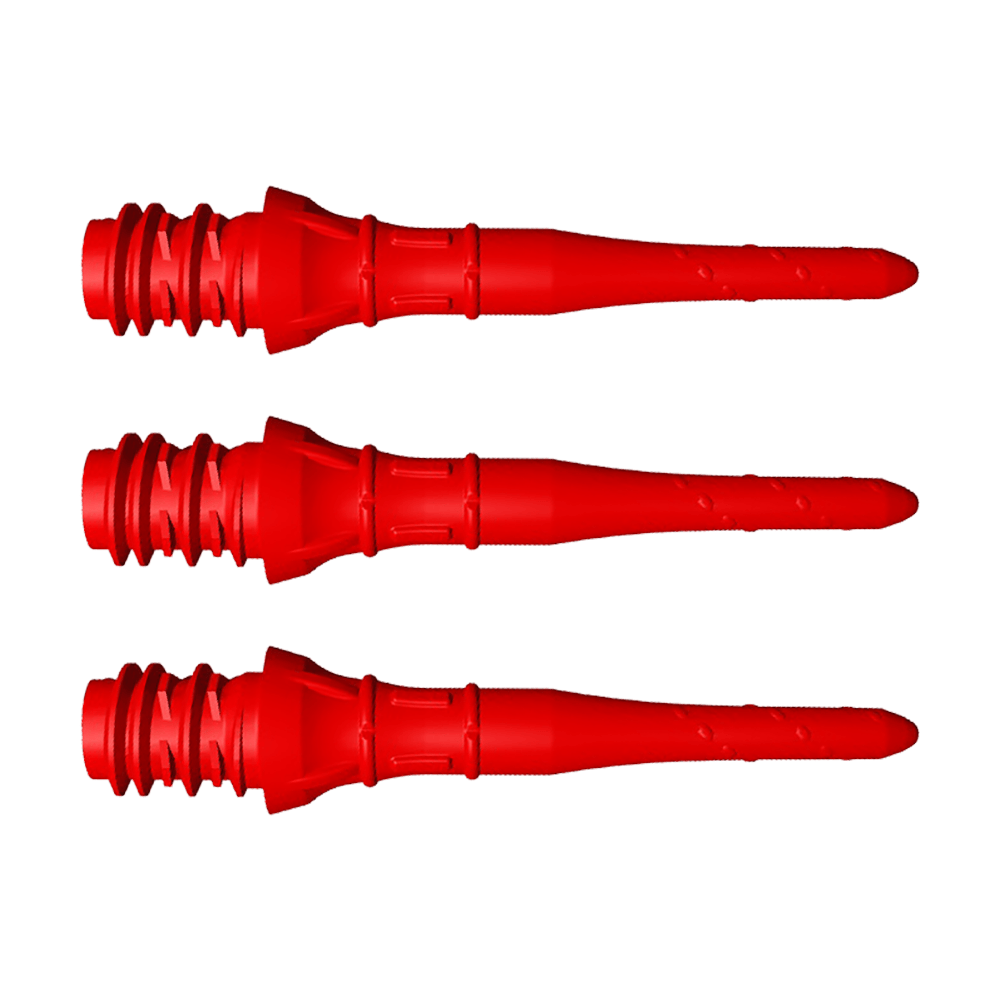 LIP37_L-Style_Premium_Lippoints_Short_Rot_1 Das Bild zeigt drei kurze rote Dartspitzen, die nebeneinander liegen. Sie haben ein markantes, strukturiertes Gewinde am hinteren Ende.