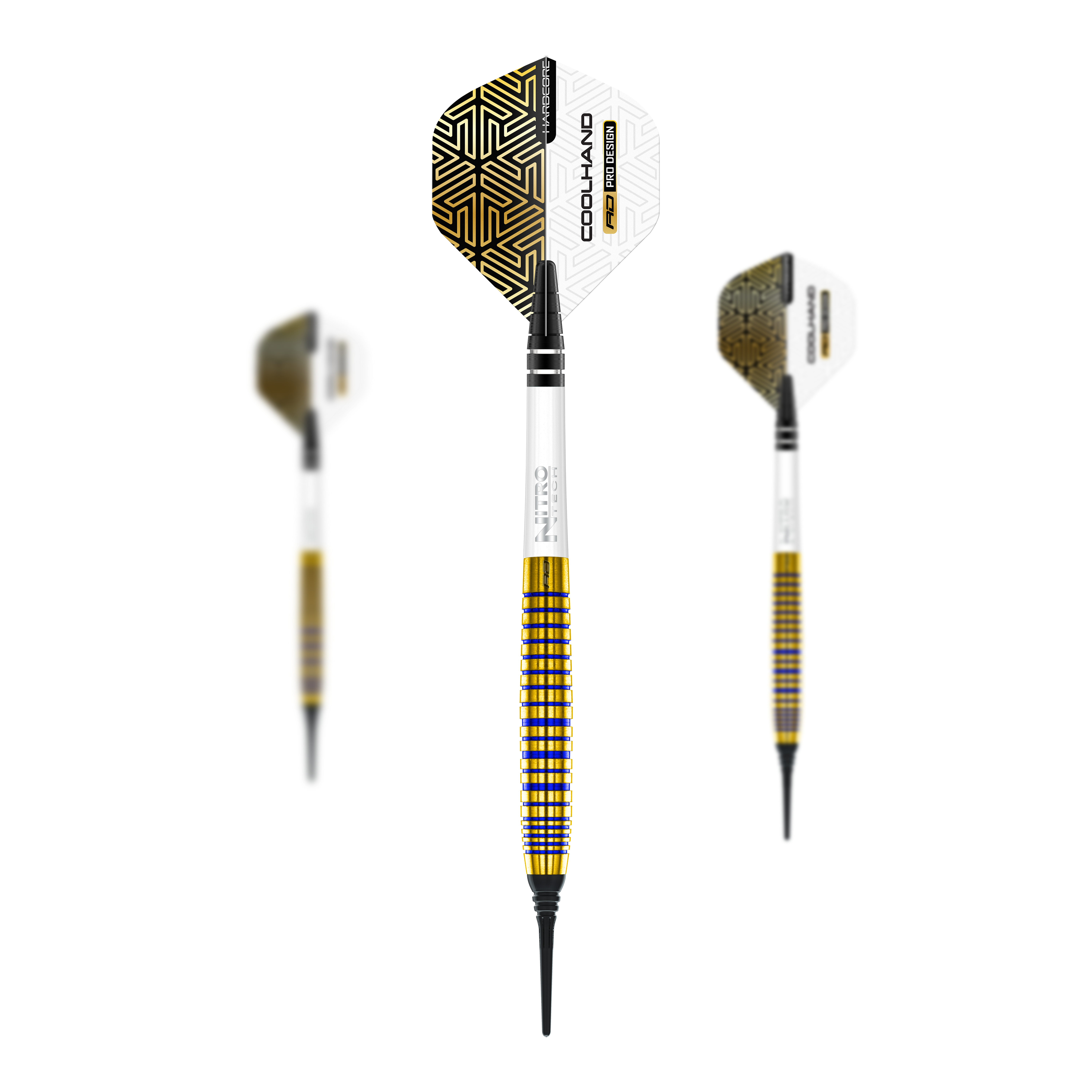 Šipky Red Dragon Luke Humphries TX3 Gold SE Softdarts - 20g Auf dem Bild sind drei Softdarts des Modells "Red Dragon Luke Humphries TX3 Gold SE" mit einem Gewicht von 20g zu sehen. Die Darts haben goldene und weiße Designelemente mit schwarzen Spitzen und auffälligen Flights.