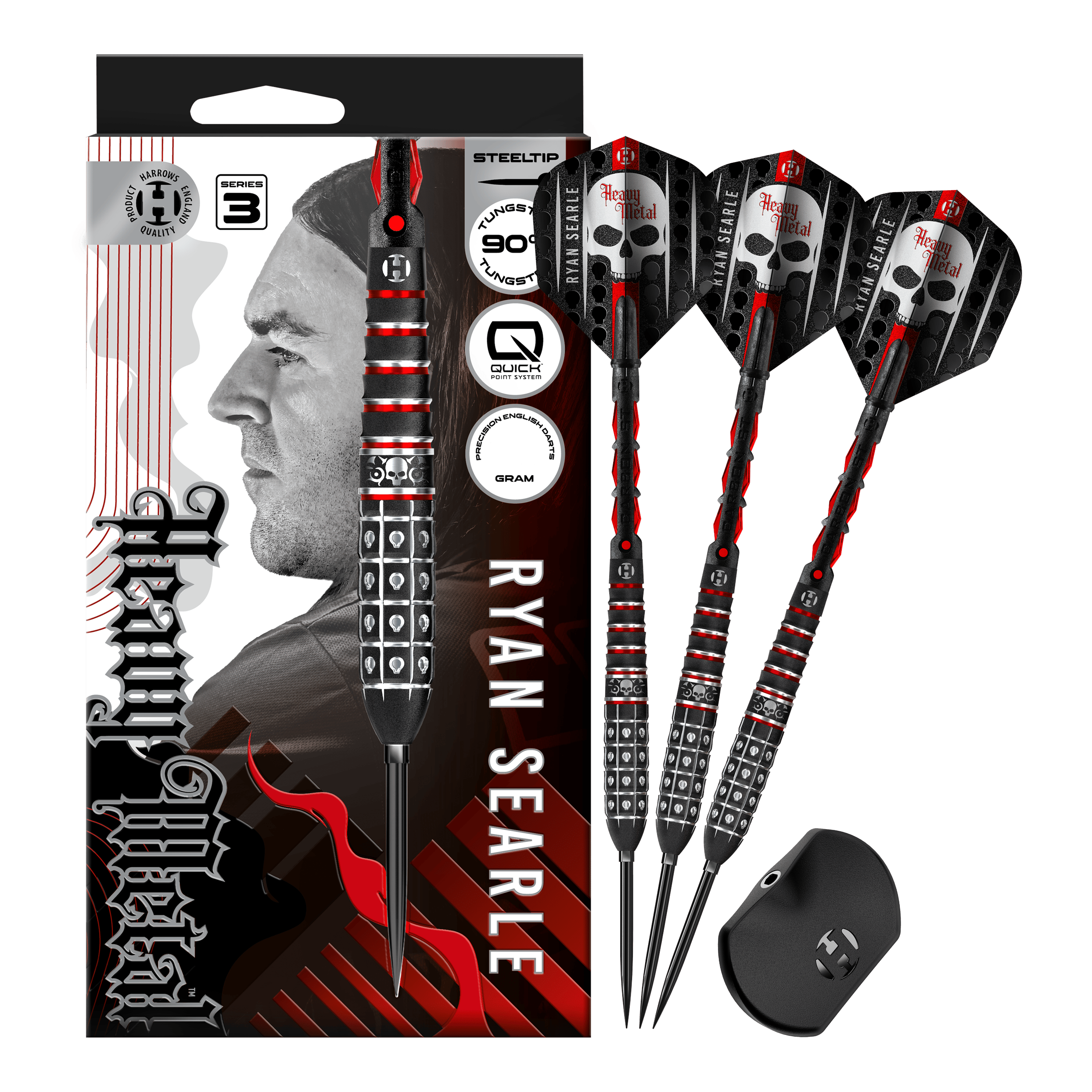 Auf dem Bild sind die Harrows Ryan Searle Series 3 Quick Point Steeldarts vollständig zu sehen. Diese Darts zeichnen sich durch hohe Qualität und gutes Design aus.