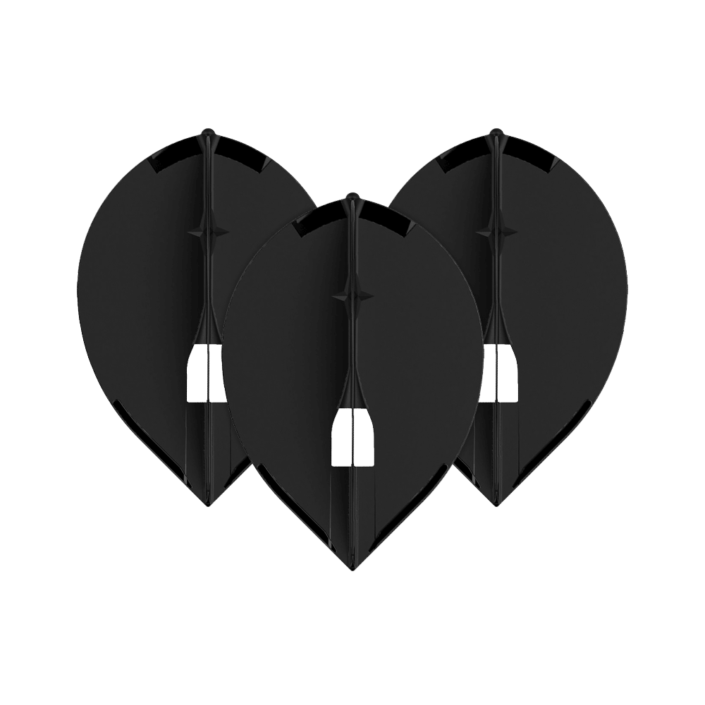 Letky L-Style Champagne L2PRO Teardrop - černé Das Bild zeigt drei schwarze L-Style Champagne L2PRO Teardrop Flights. Sie sind in einer gleichmäßigen Anordnung nebeneinander platziert.