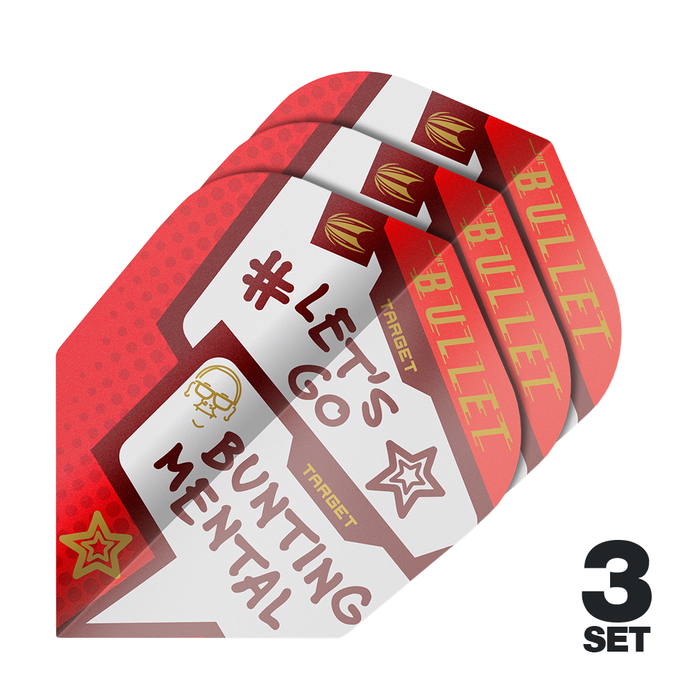 Das Bild zeigt drei Sets der Target Pro Ultra Stephen Bunting Mental No6 Flights für Dartpfeile. Die Flights sind rot und weiß gestaltet und tragen die Aufschrift "#LET'S GO BUNTING MENTAL".