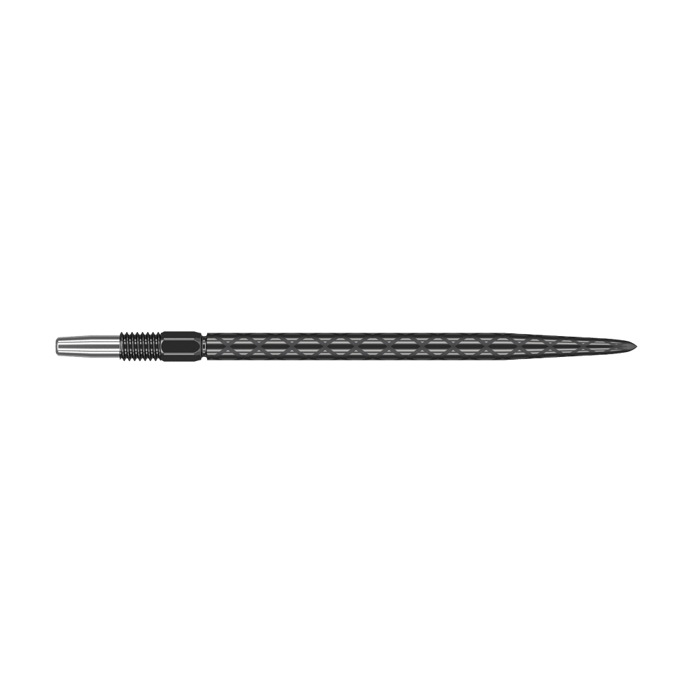 Zaměřte hroty šipek Swiss Diamond Pro Black Points Dies ist eine schwarze Dartspitze mit diamantförmiger Struktur. Sie ist schlank und misst etwa 40 mm in der Länge.