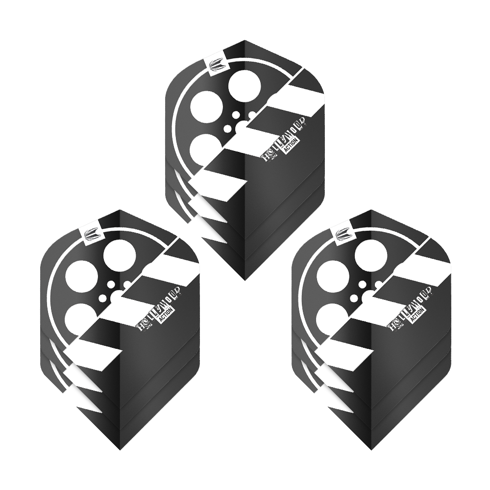 Target Pro Ultra Chris Dobey Hollywood Action No2 Standardní letky - 3 sady Das Bild zeigt drei Sets von Dart-Flights mit einem Filmklappen-Design in Schwarz und Weiß. Die Flights tragen den Namen "Target Pro Ultra Chris Dobey Hollywood Action No2 Standard Flights".