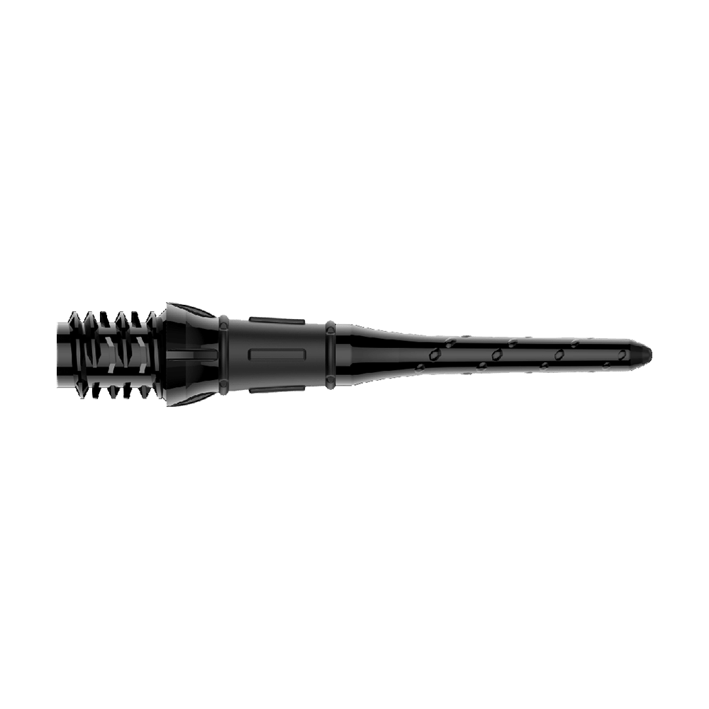 Premium Lippoints (30er Pack) - Spitzen Auf dem Bild ist eine schwarze Dartspitze zu sehen. Sie hat ein schlankes Design mit kleinen Einkerbungen und Details entlang der Spitze.