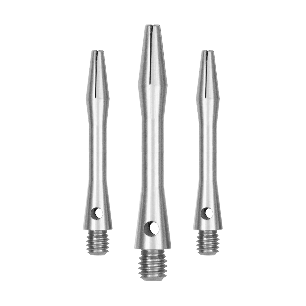 517_Aluminium_Shafts_Silber_35mm_1 Das Bild zeigt drei silberne Aluminiumschäfte in verschiedenen Längen. Sie haben ein Schraubgewinde an einem Ende und eine schlanke, glatte Oberfläche.