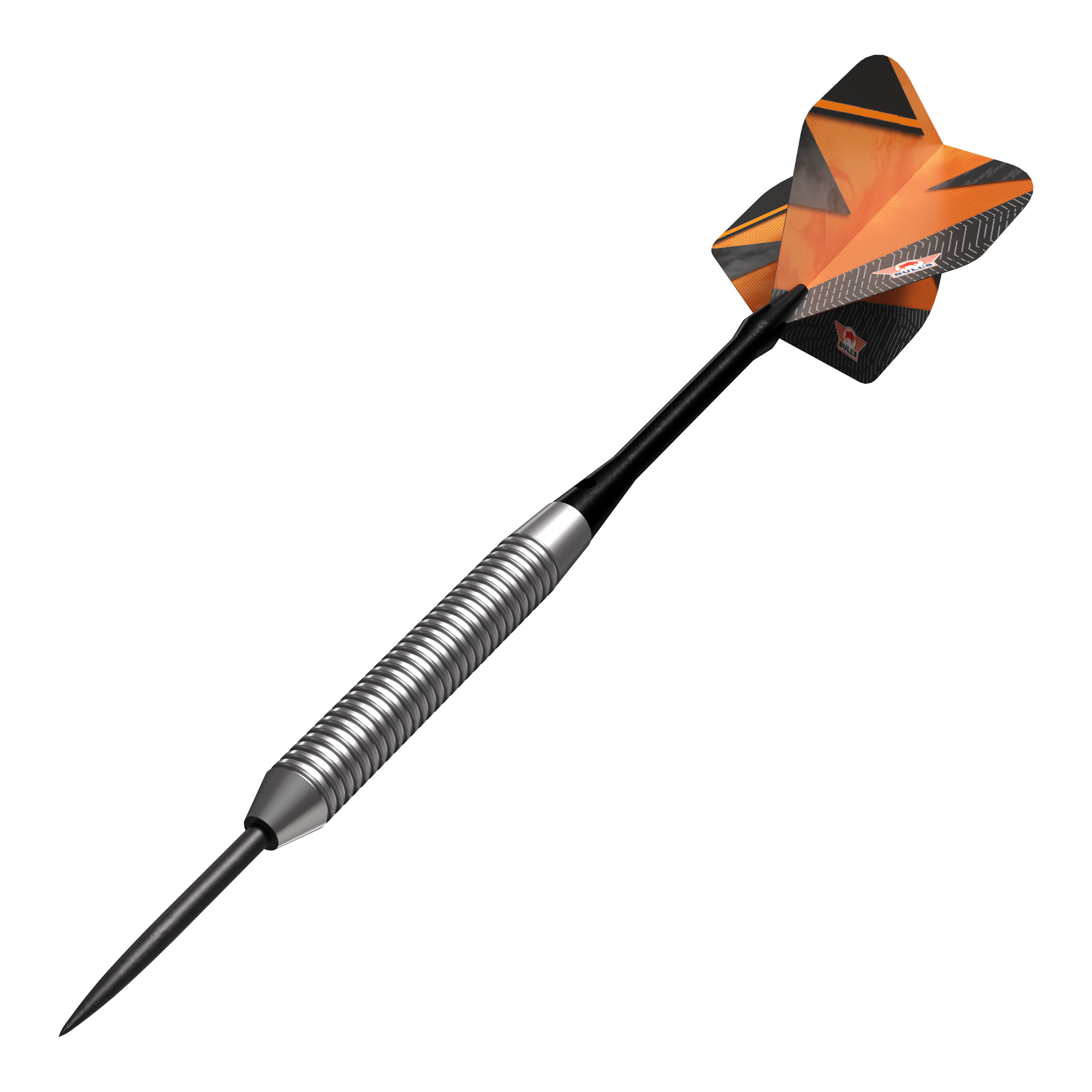 Šipky Bulls NL Lightning Orange Steel Darts Das Bild zeigt einen Bulls NL Lightning Orange Steeldart. Der Dart hat einen silbernen, gerillten Schaft und orangene Flights mit schwarzen Akzenten.