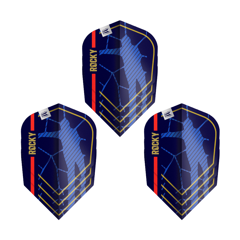 Letky Target Pro Ultra Josh Rock GEN1 č. 6 - 3 sady Das Bild zeigt drei Dartflights des Produkts „Target Pro Ultra Josh Rock GEN1 No6 Flights - 3 Sets“. Die Flights sind dunkelblau mit goldenen Linien, einer roten Streifen und dem Schriftzug „ROCKY“ versehen.
