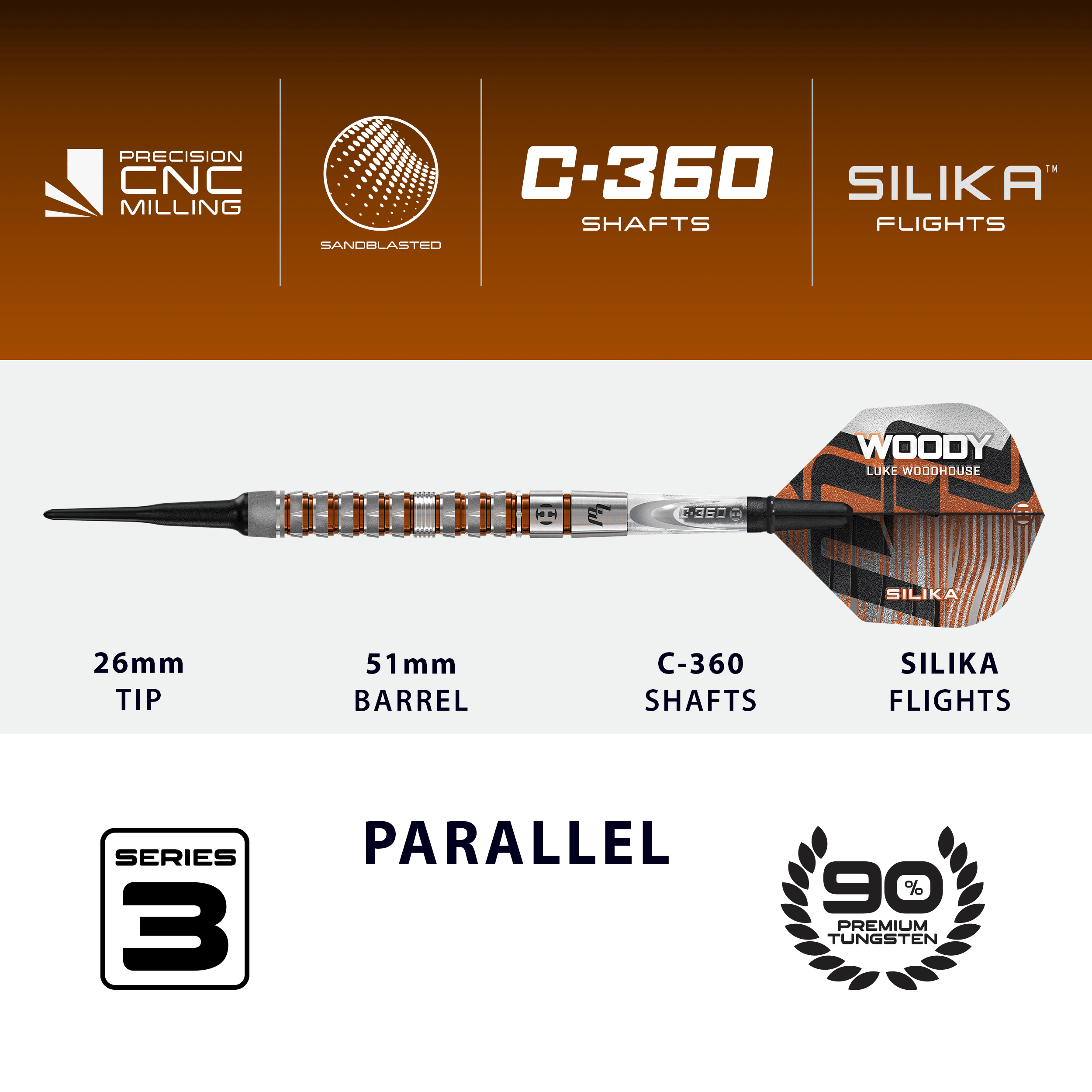Abgebildet sind die Harrows Luke Woodhouse Series 3 Softdarts - 18g. Die Darts werden als 18-Gramm-Version präsentiert.
