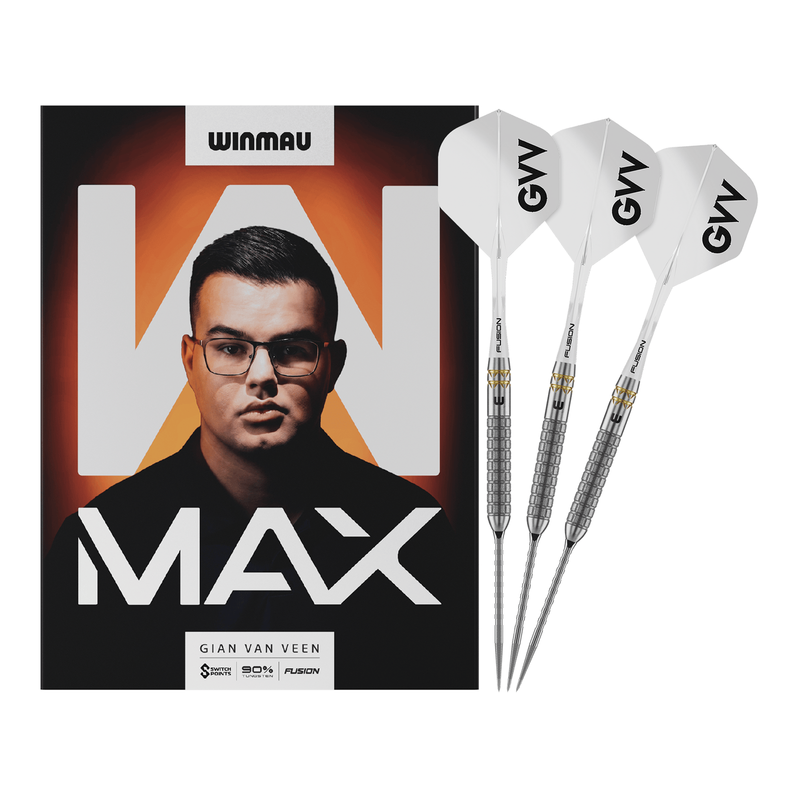 Šipky Winmau Gian Van Veen W-MAX Switch Point ocelové Das Bild zeigt Winmau Gian Van Veen W-MAX Switch Point Steeldarts in voller Länge. Alle Details des Darts sind sichtbar.