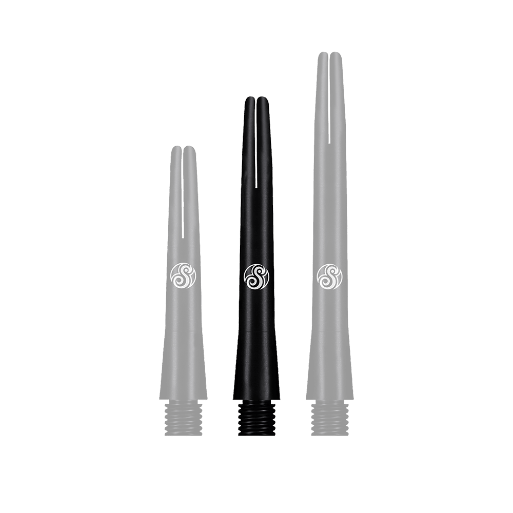 SM3809-I_Shot_Aluminium_Shafts_Black_41mm_1f0IRg7wKElYCn Das Bild zeigt drei schwarze Aluminiumschäfte für Dartpfeile in unterschiedlichen Längen. Auf jedem Schaft ist ein weißes Logo zu sehen.
